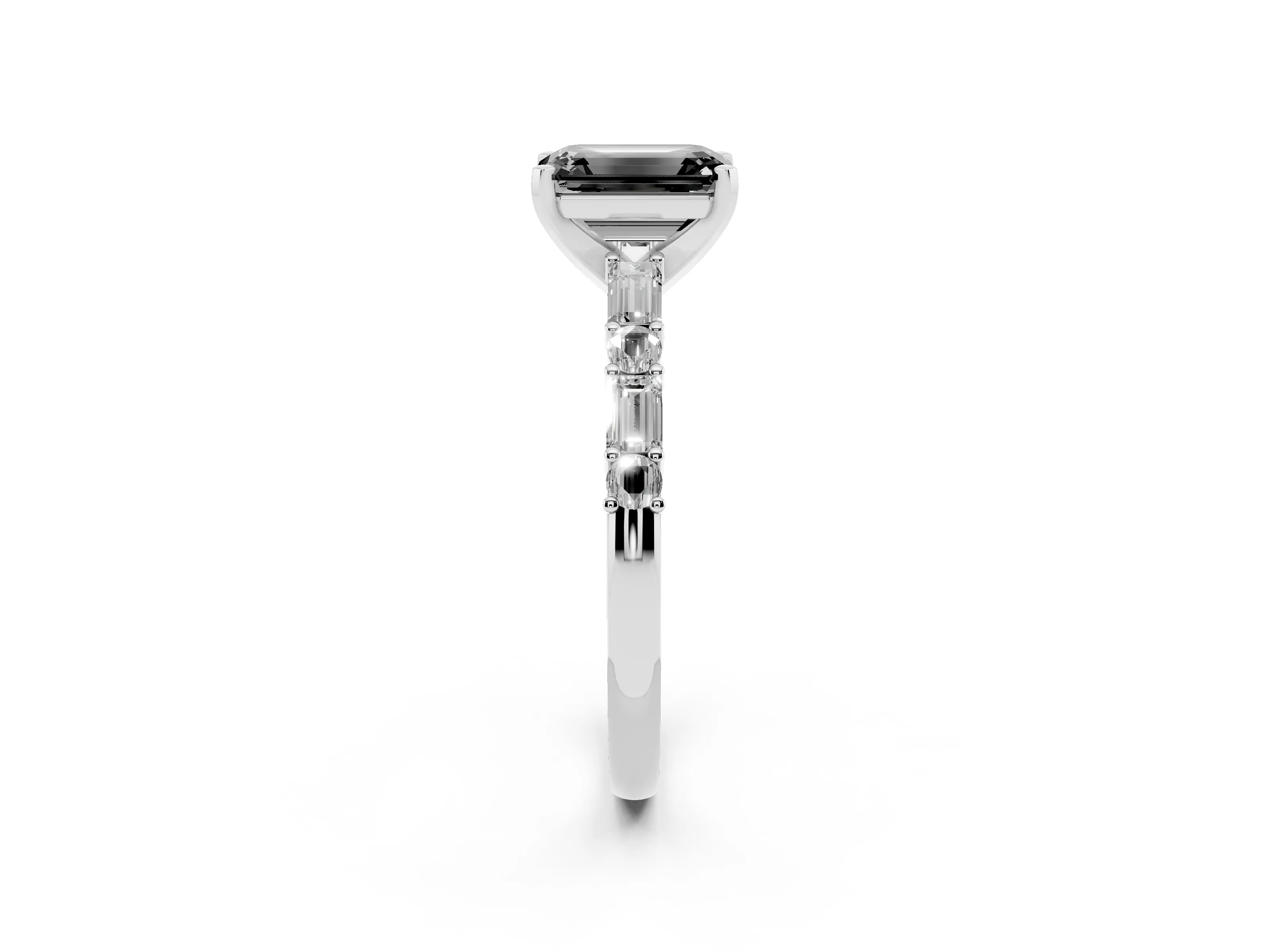 Fancy Black Emerald Cut Diamond Solitaire Set in Silver with Side Baguettes and Channel Set Band