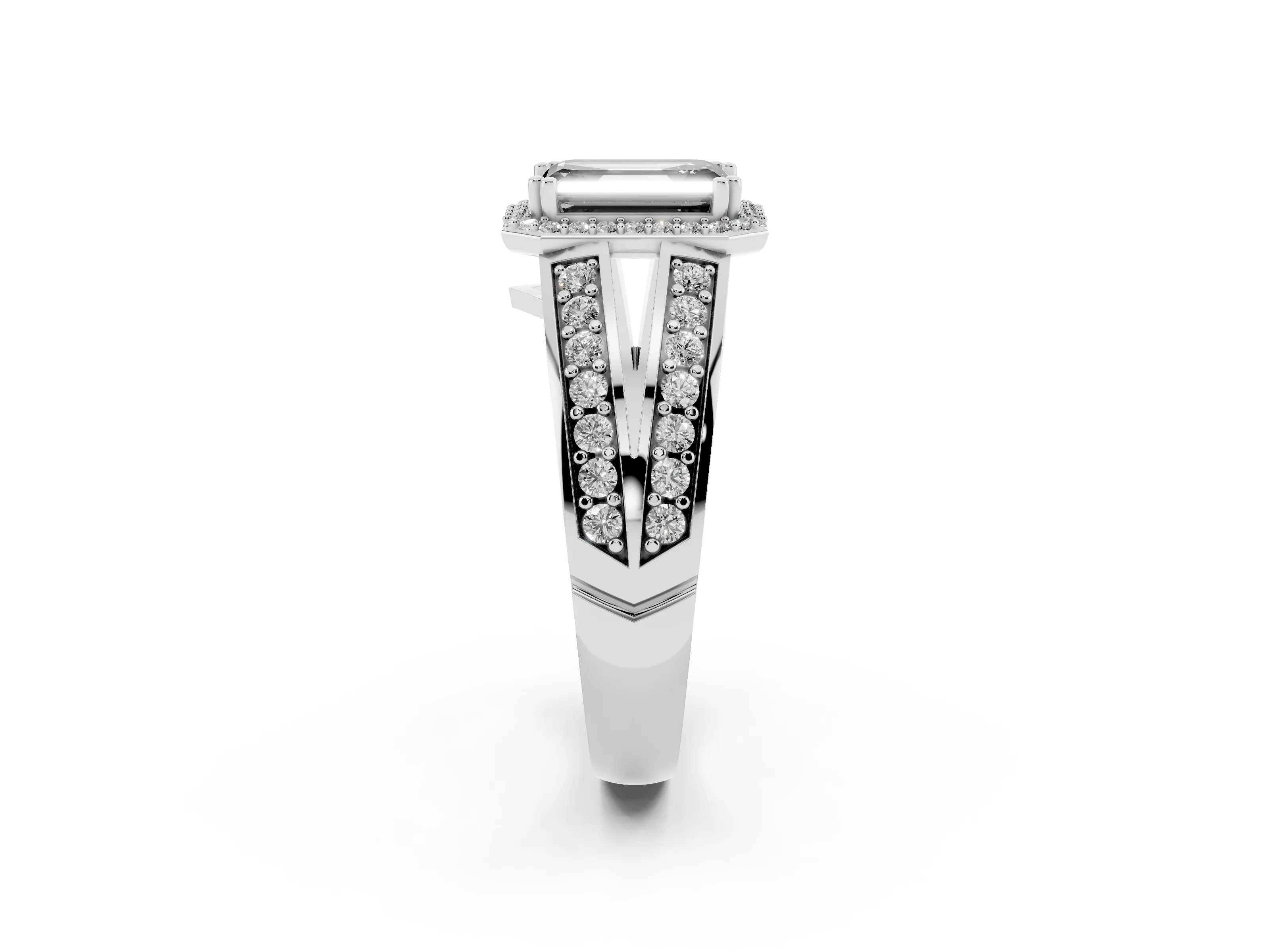 Fancy Black Emerald Cut Diamond Halo Ring Set in White gold with Double Pavé Split Shank
