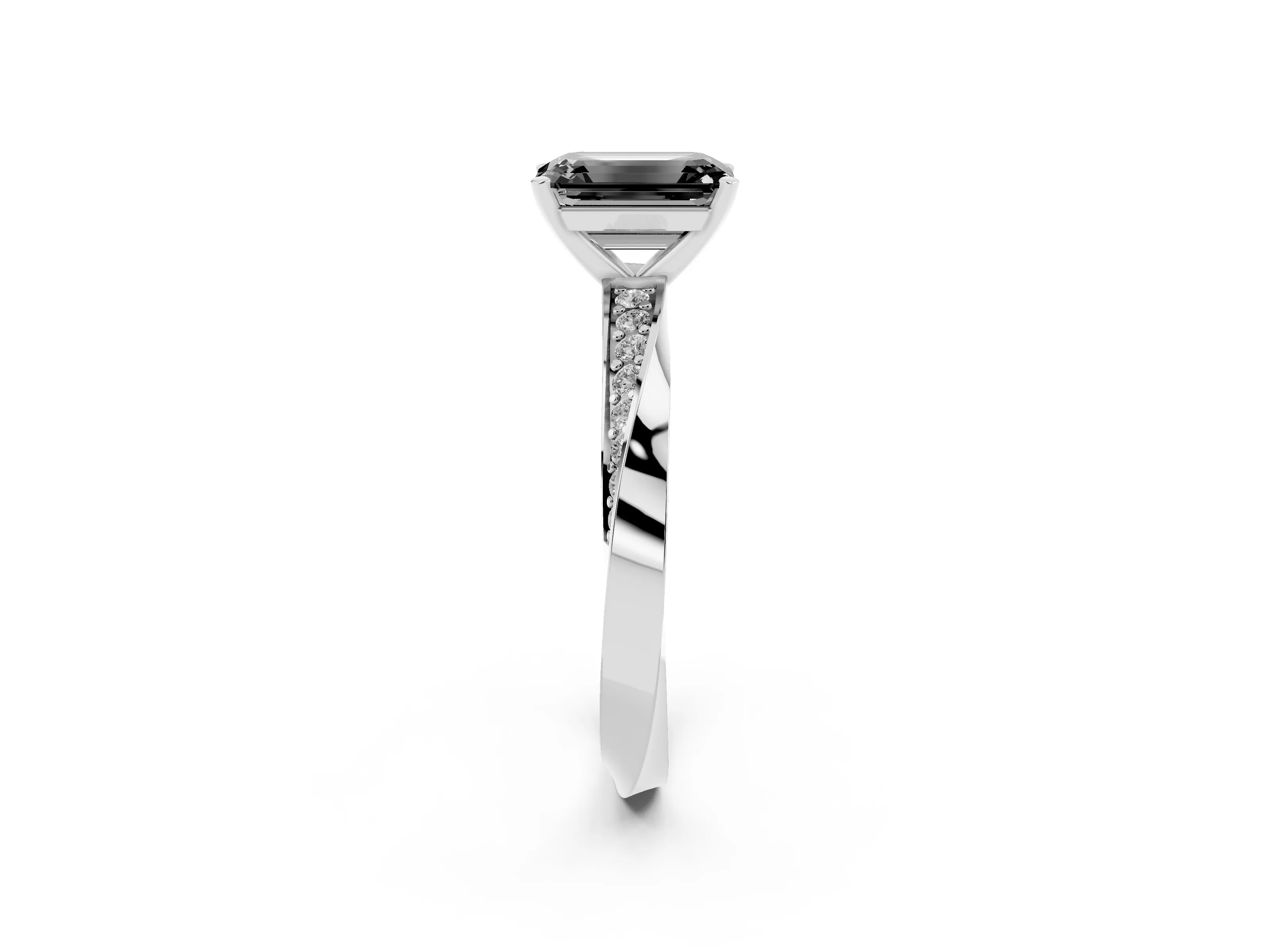 Fancy Black Emerald Cut Diamond Engagement Ring Set in Platinum with Side Stone Accents and Prong Setting