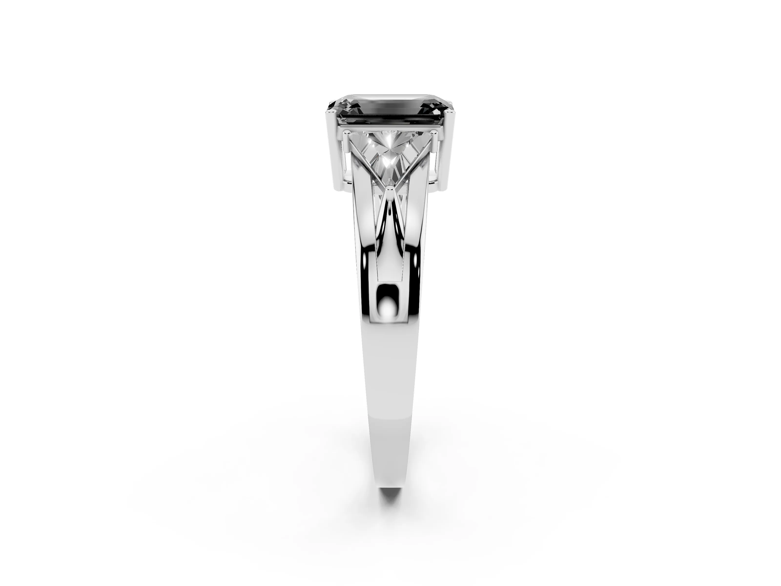 Fancy Black Emerald Cut Diamond Three-Stone Ring Set in Silver with Trillion Side Stones and Split Shank