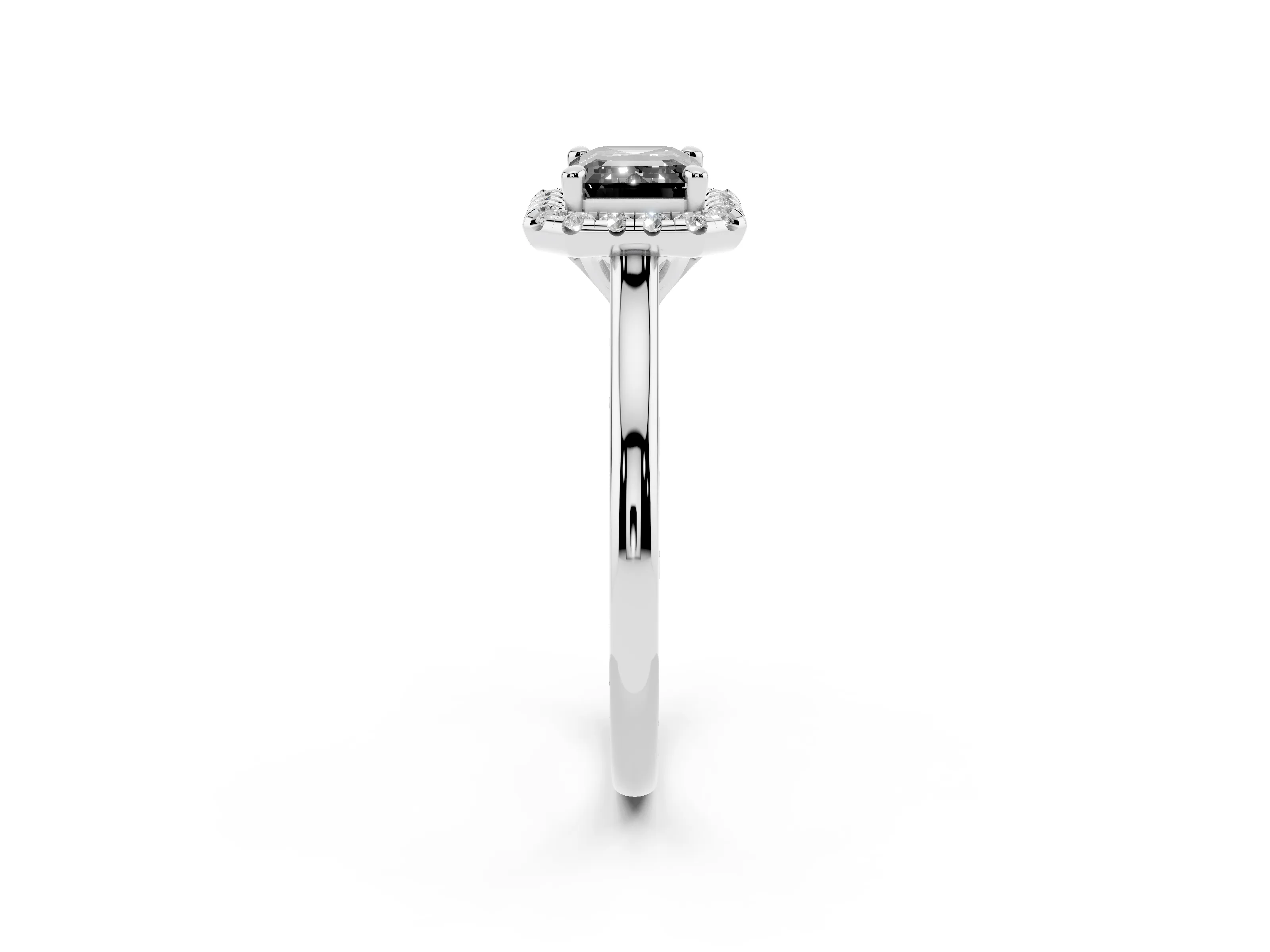 Fancy Black Emerald Cut Diamond Halo Engagement Ring Set in White gold with Pavé Band and Rising Shoulders