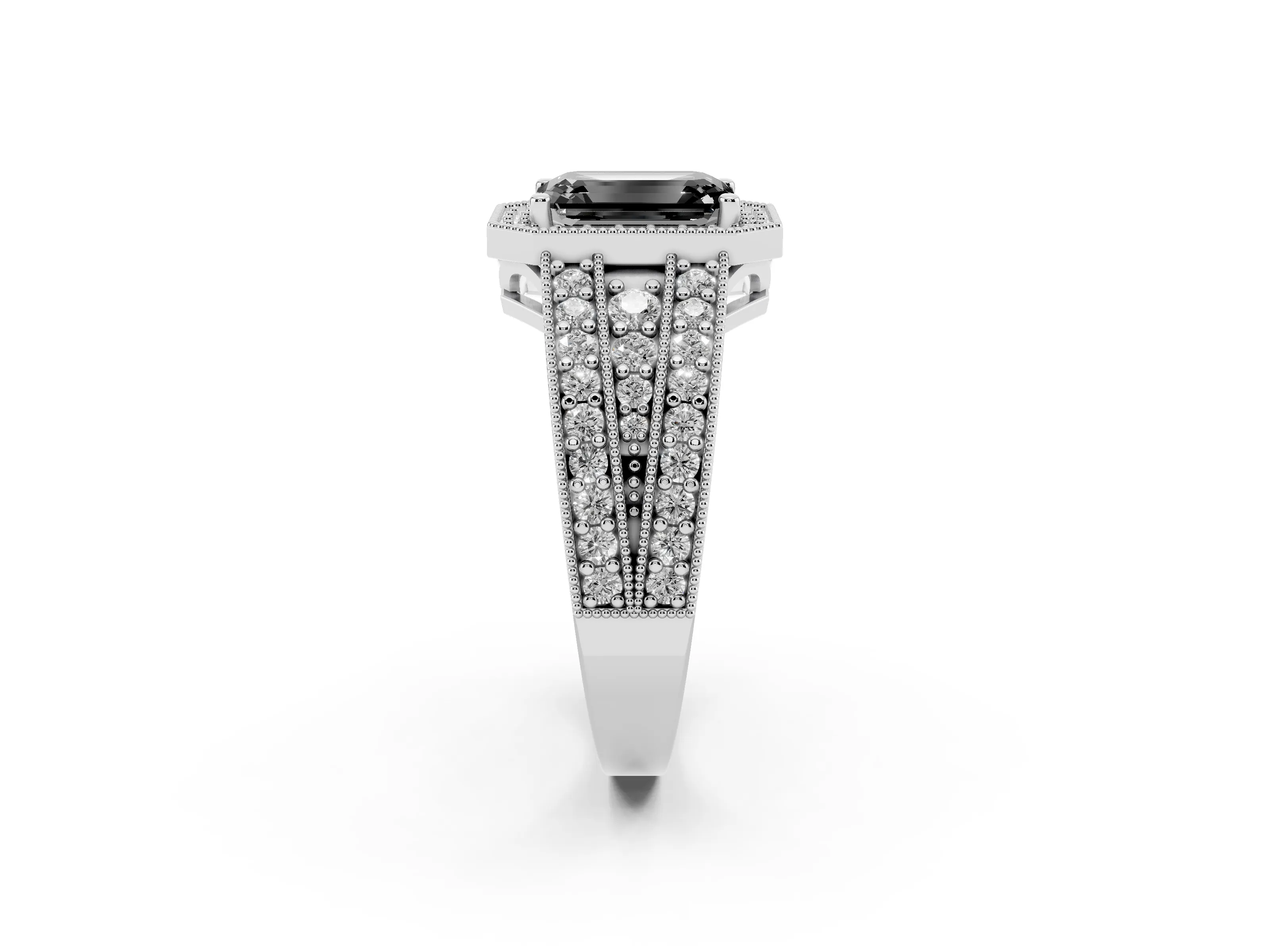 Fancy Black Emerald Cut Diamond Halo Ring Set in Silver with Accent Split Shank and Prong Setting