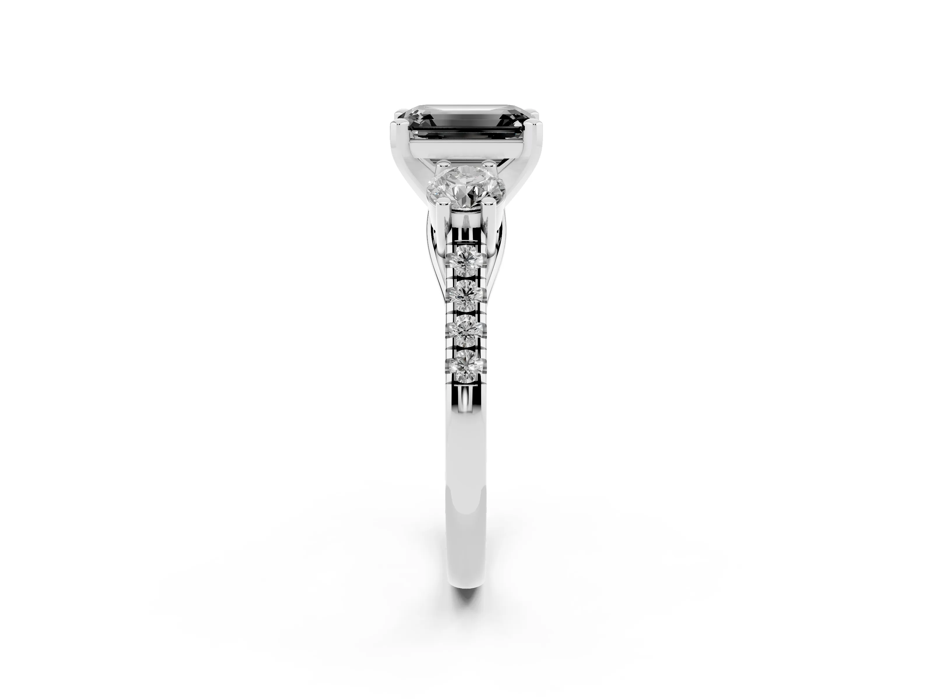 Fancy Black Three-Stone Emerald Cut Diamond Pavé Band Ring Set in Platinum with Prong-Set Trio