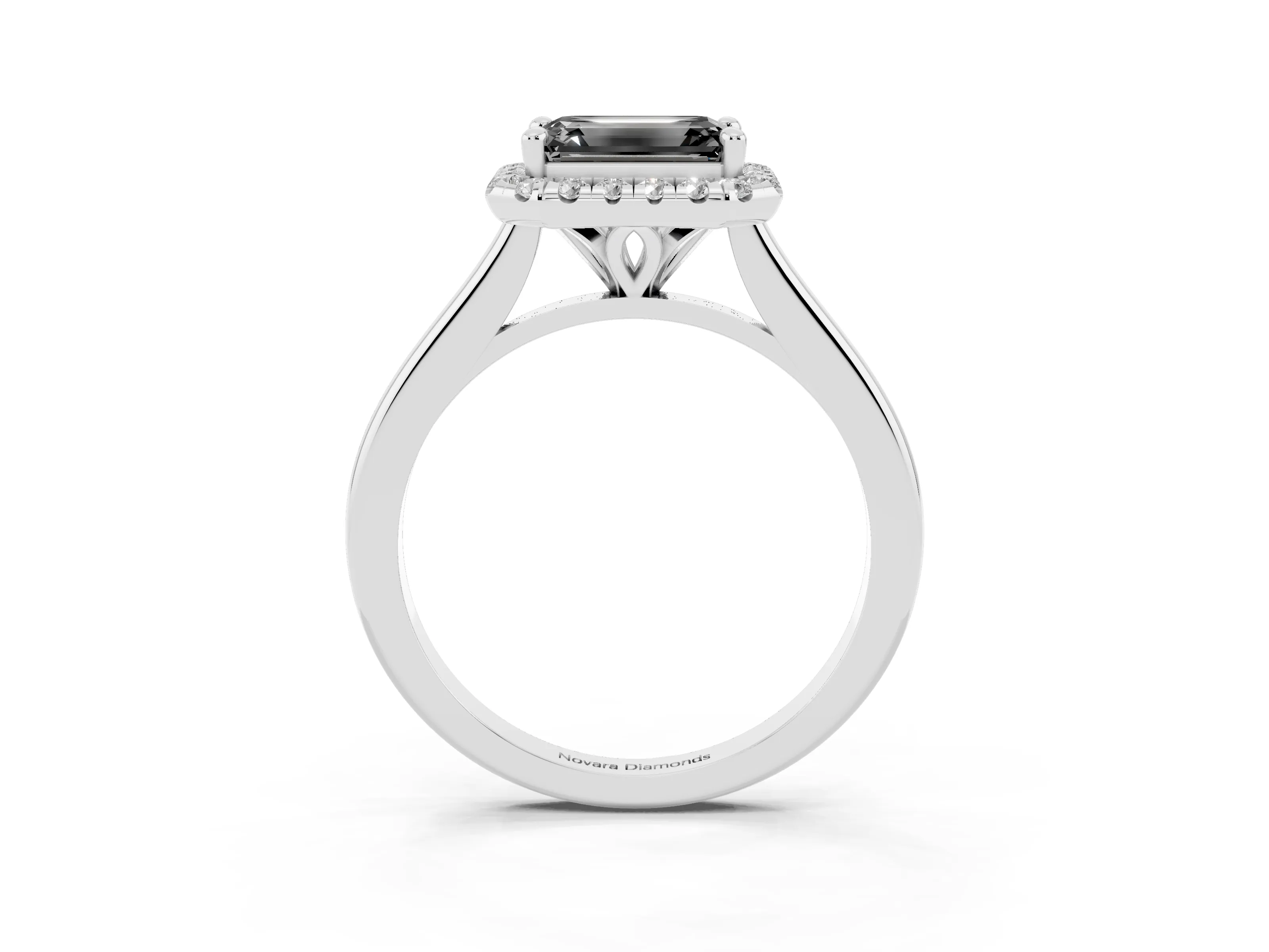 Fancy Black Emerald Cut Diamond Halo Engagement Ring Set in White gold with Pavé Band and Rising Shoulders