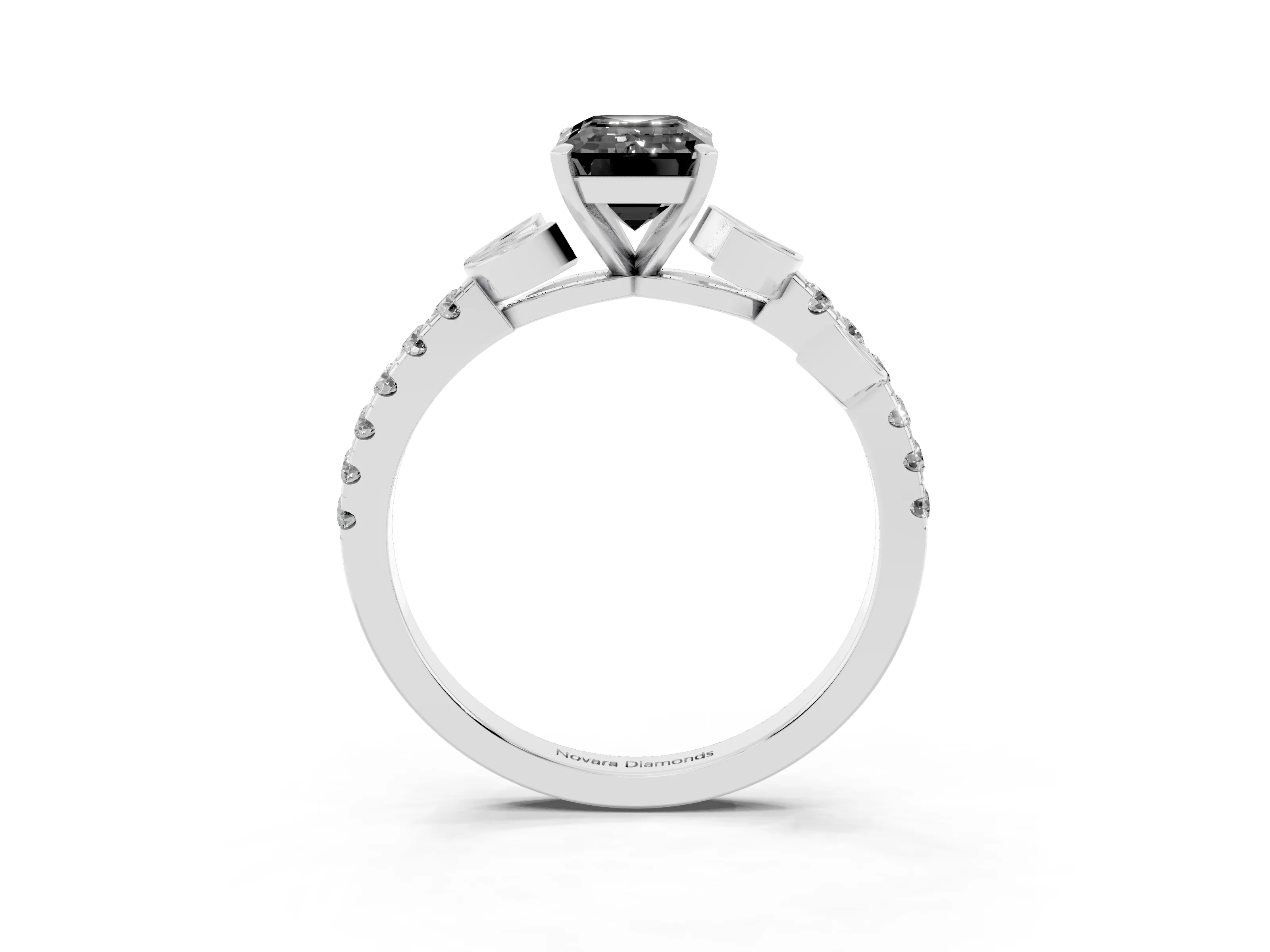 Fancy Black Emerald Cut Diamond Solitaire Leaf-Inspired Ring Set in Platinum with Pavé Band and Prong Setting