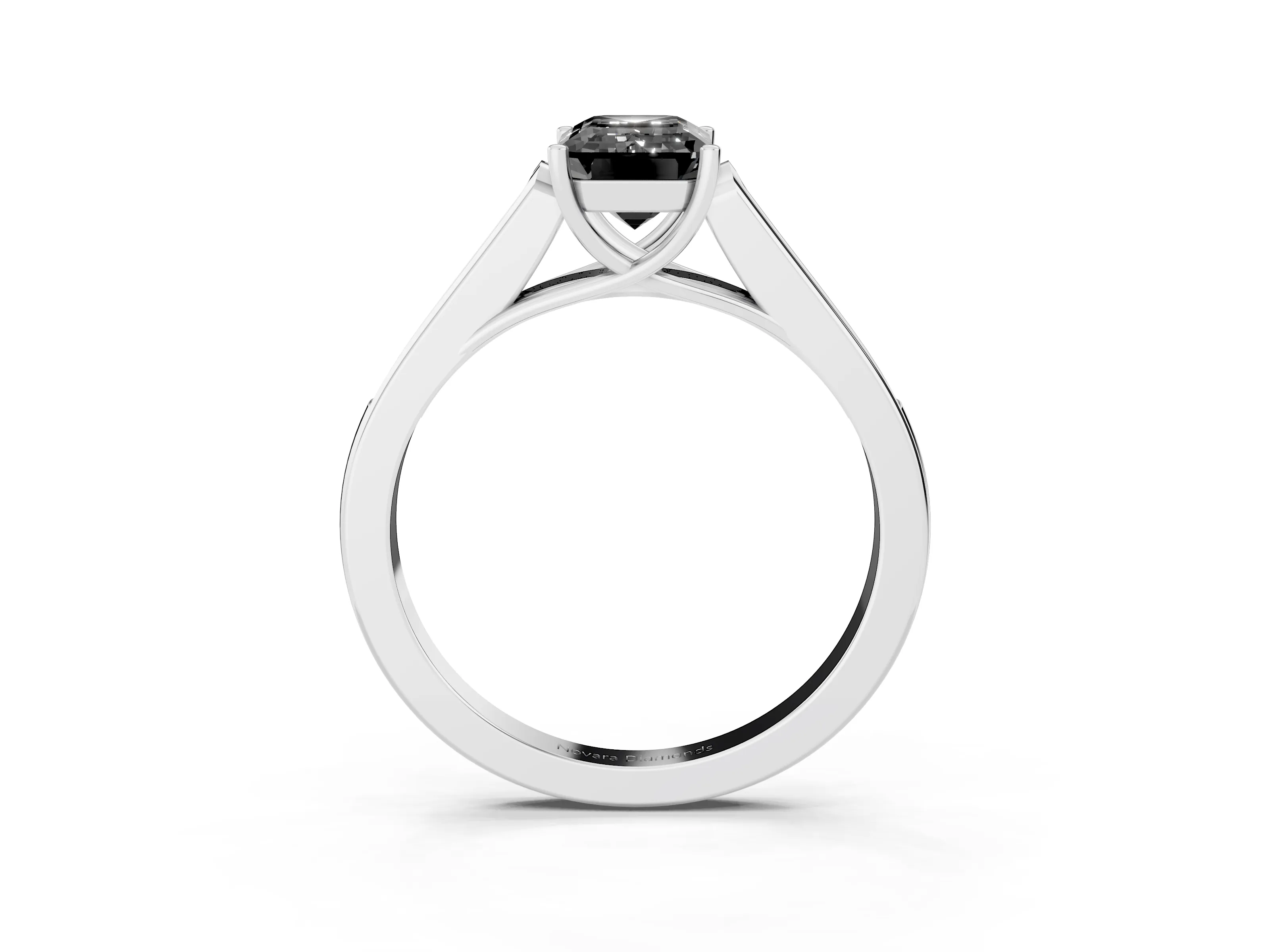 Fancy Black Emerald Cut Diamond Solitaire Cathedral Engagement Ring Set in White gold with Channel-Set Band and Prong Setting