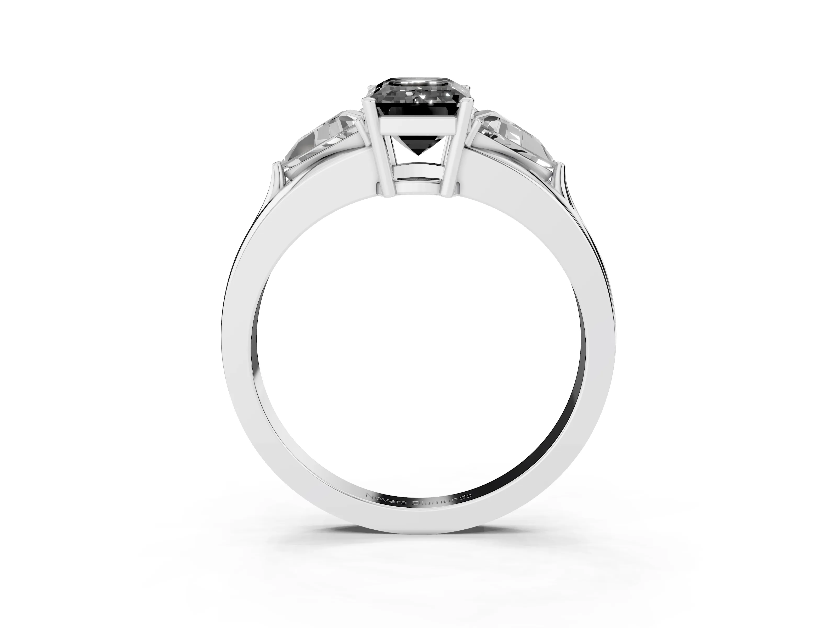 Fancy Black Emerald Cut Diamond Three-Stone Ring Set in Silver with Trillion Side Stones and Split Shank