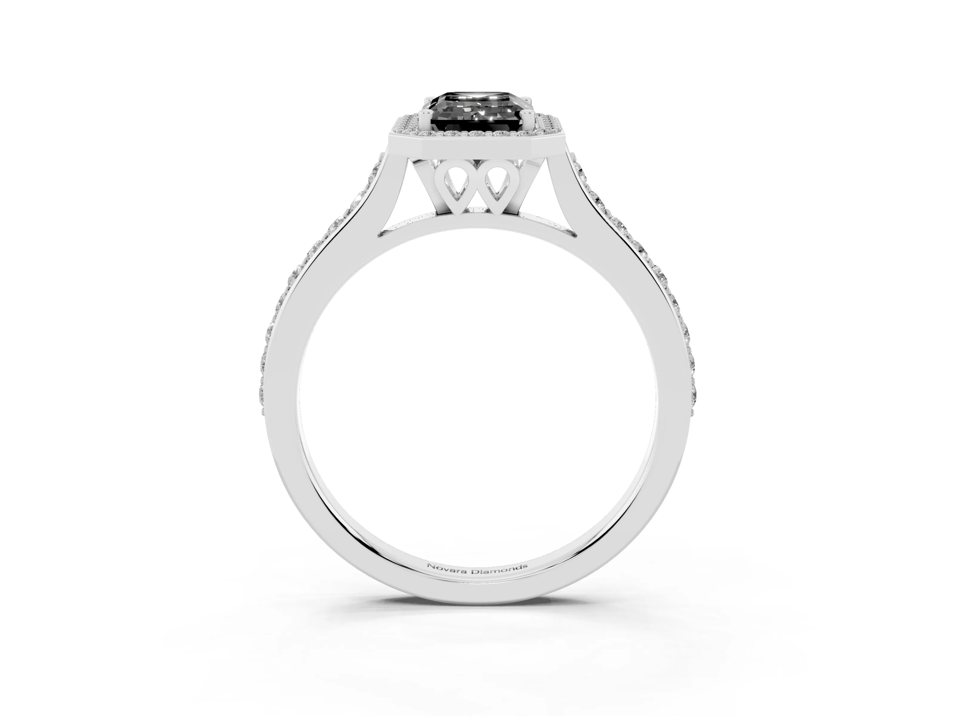 Fancy Black Emerald Cut Diamond Halo Engagement Ring Set in Silver with Round Pavé Shoulders and Heart Gallery
