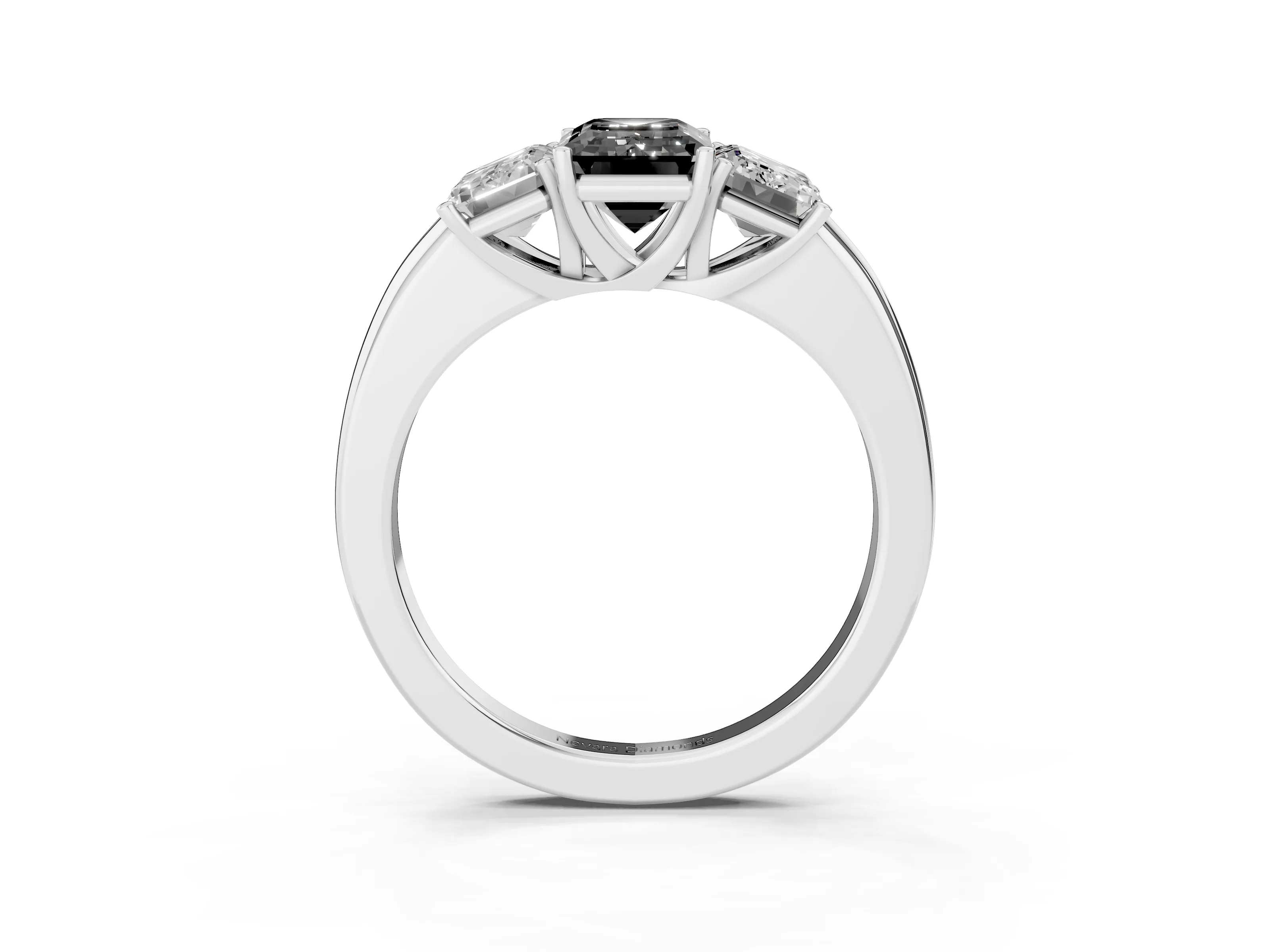 Fancy Black Emerald Cut Diamond Three-Stone Ring Set in Silver with Bold Center and Classic Band