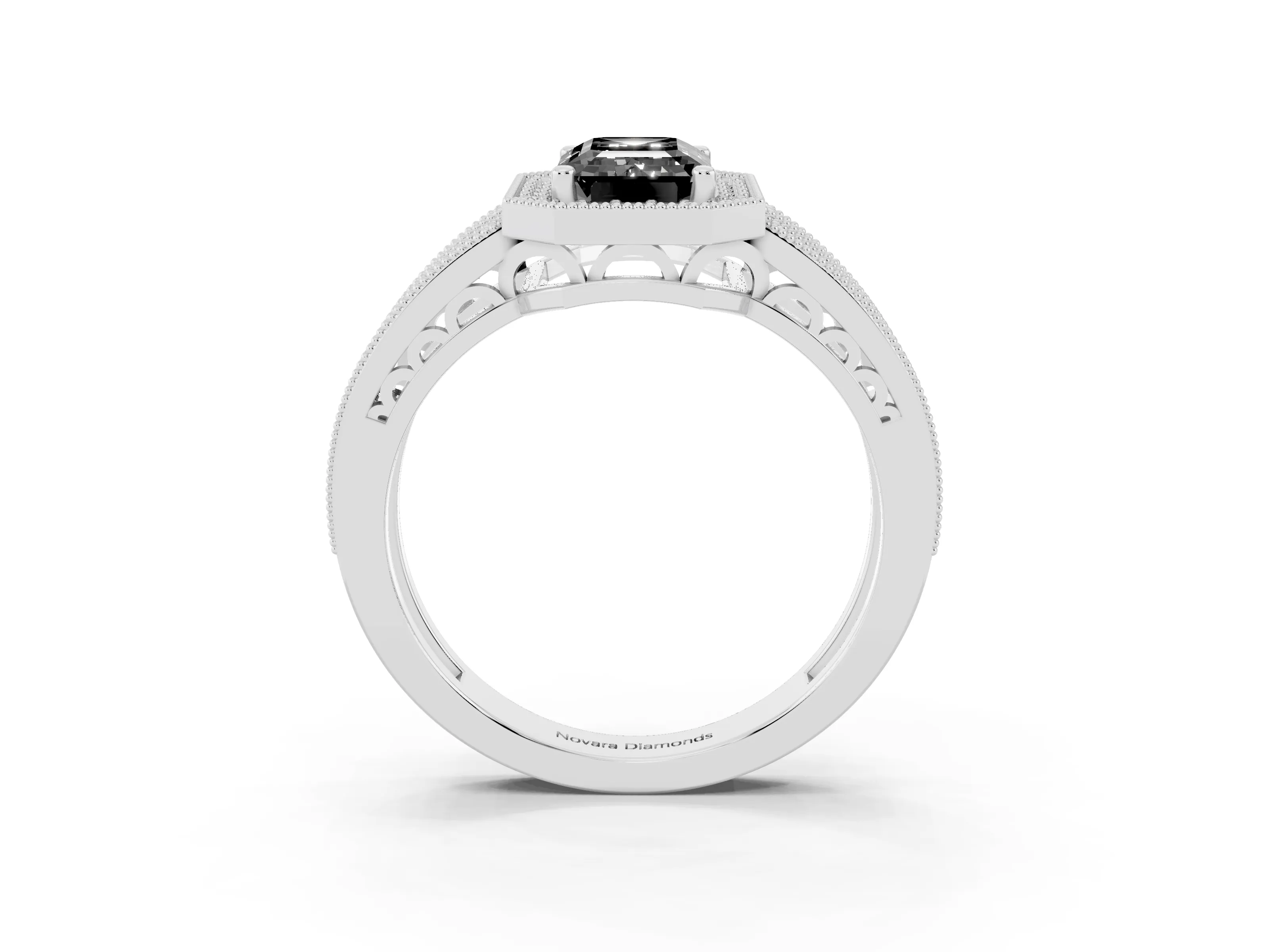 Fancy Black Emerald Cut Diamond Halo Ring Set in Silver with Accent Split Shank and Prong Setting