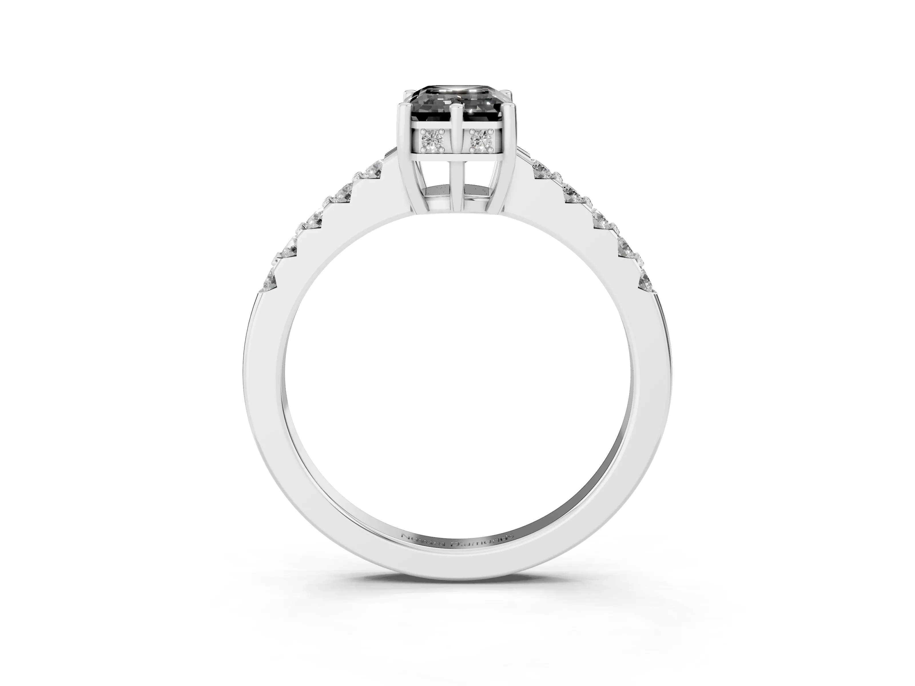Fancy Black Emerald Cut Diamond Solitaire Engagement Ring Set in White gold with Pavé Band and Prong Setting