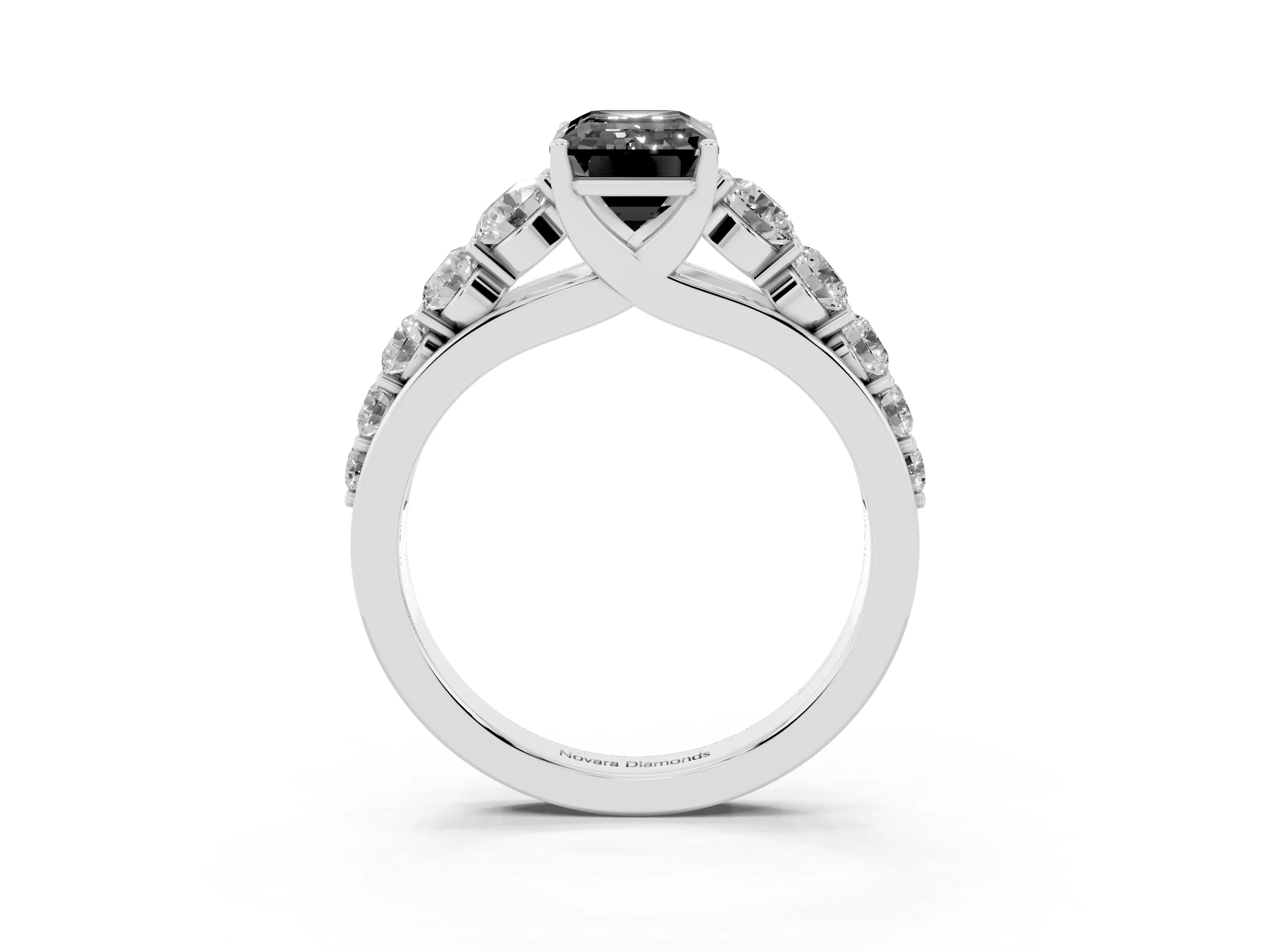 Fancy Black Emerald Cut Diamond Solitaire Ring Set in Platinum with Pavé-Set Band and Prong Setting