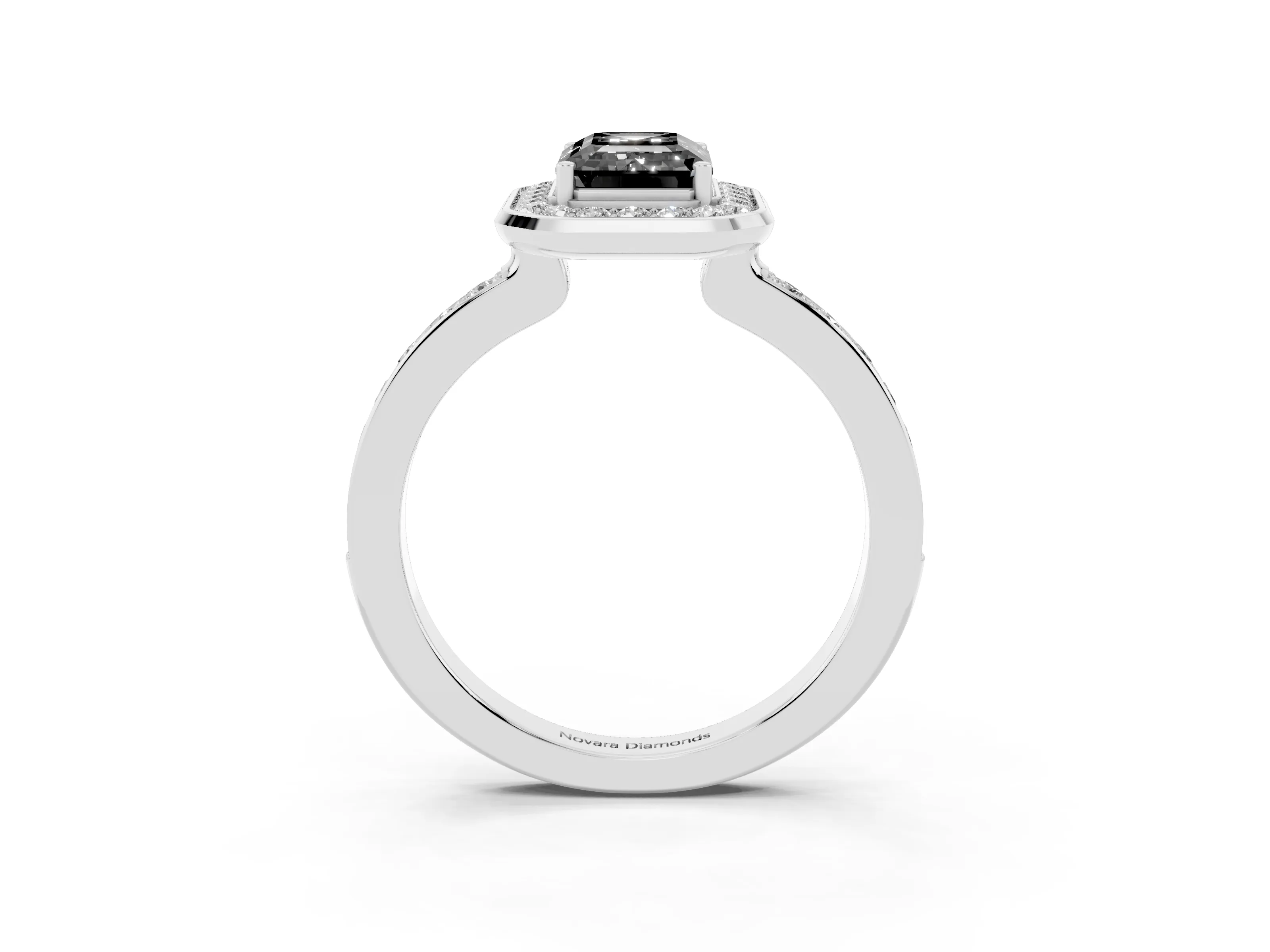 Fancy Black Emerald Cut Diamond Halo Ring Set in Platinum with Bezel Frame and Pavé Band