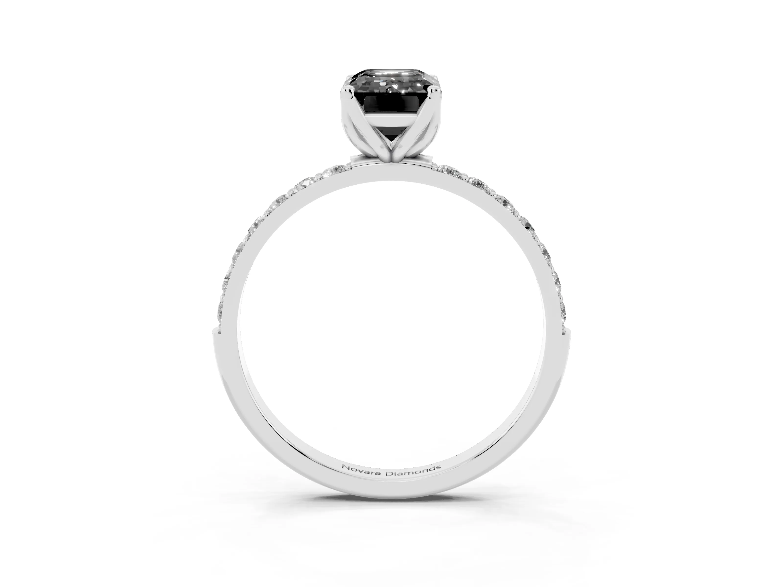 Fancy Black Emerald Cut Diamond Solitaire Engagement Ring Set in Platinum with Round Pavé Band and Prong Setting