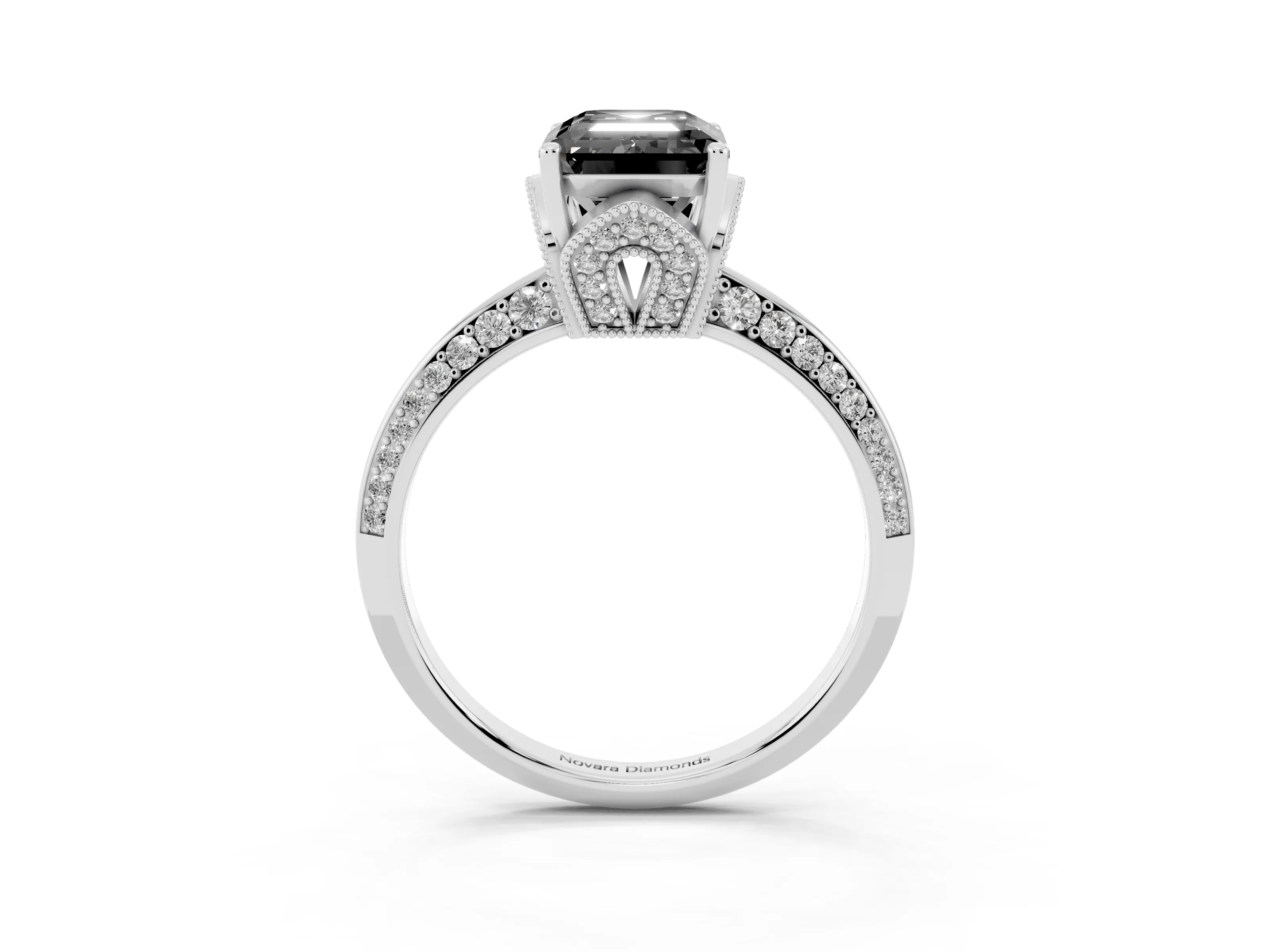 Fancy Black Emerald Cut Diamond Solitaire Engagement Ring Set in White gold with Pavé Split Shank and Prong Setting