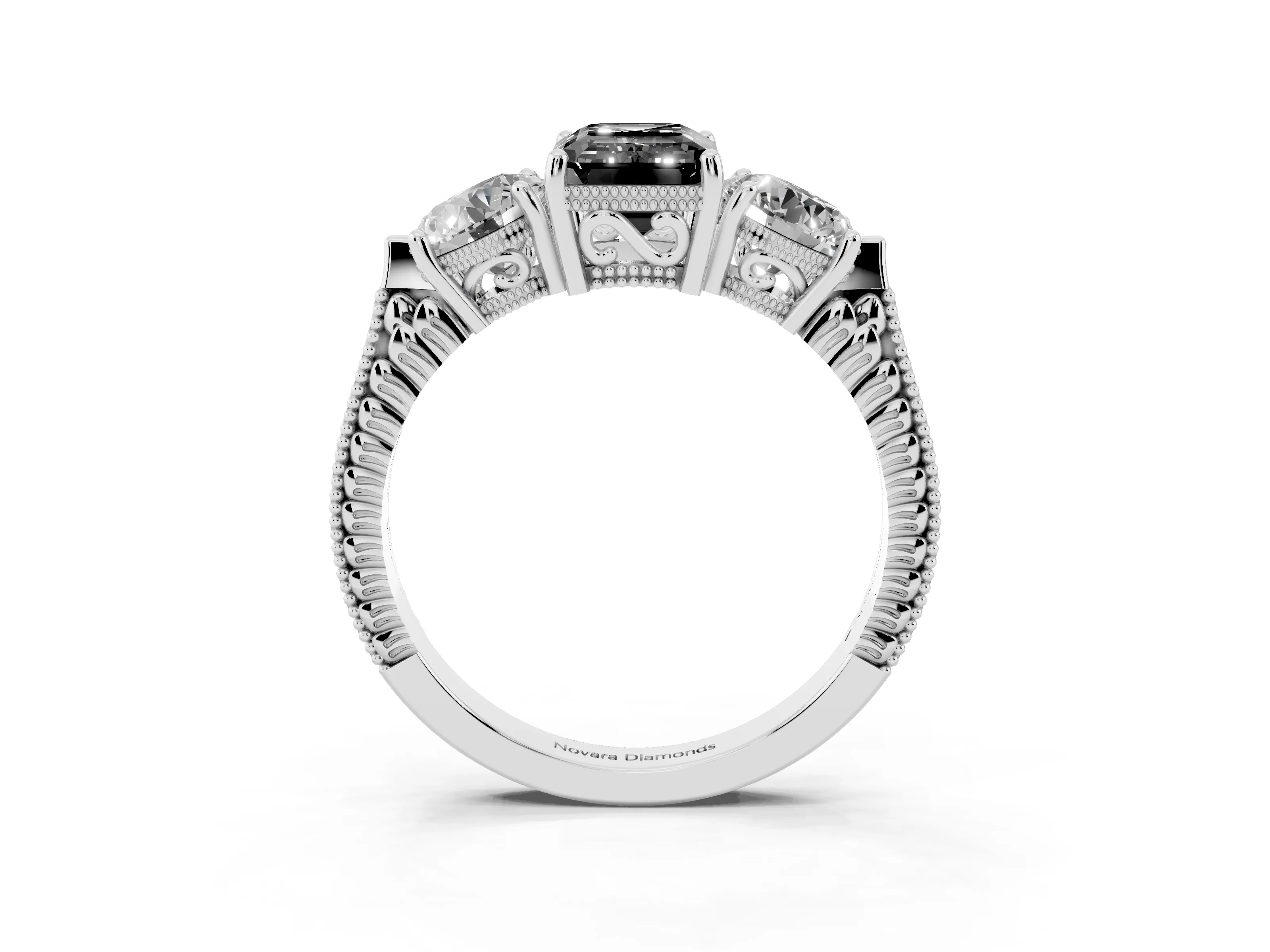 Fancy Black Emerald Cut Diamond Three-Stone Ring Set in Silver with Milgrain Band