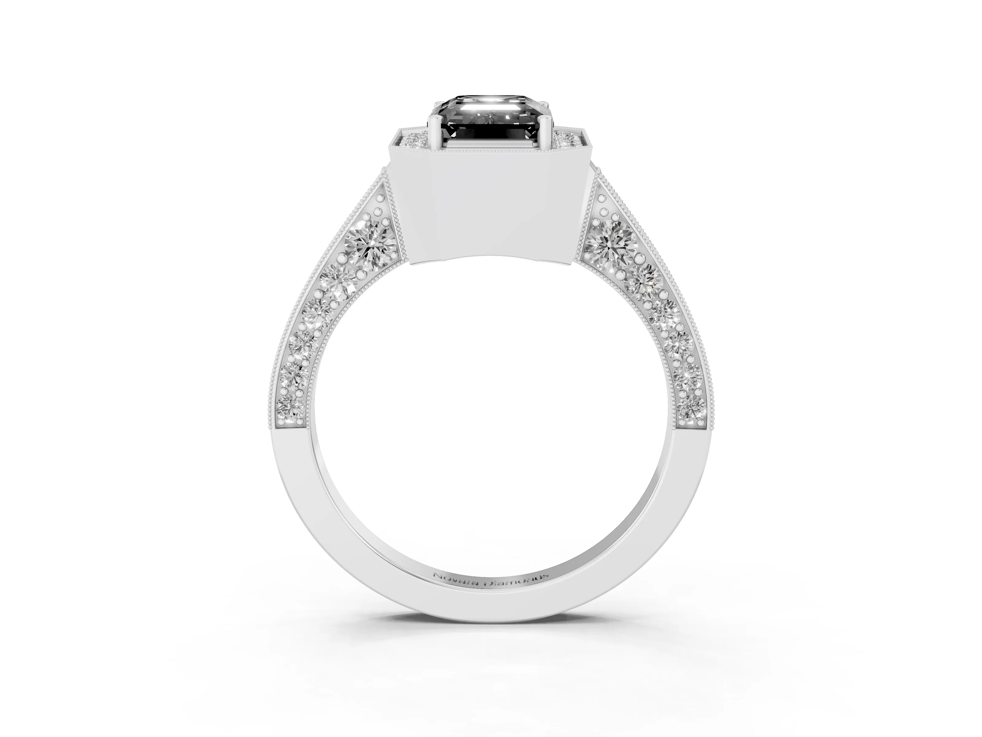 Fancy Black Emerald Cut Diamond Halo Engagement Ring Set in Platinum with Accent Split Shank Band