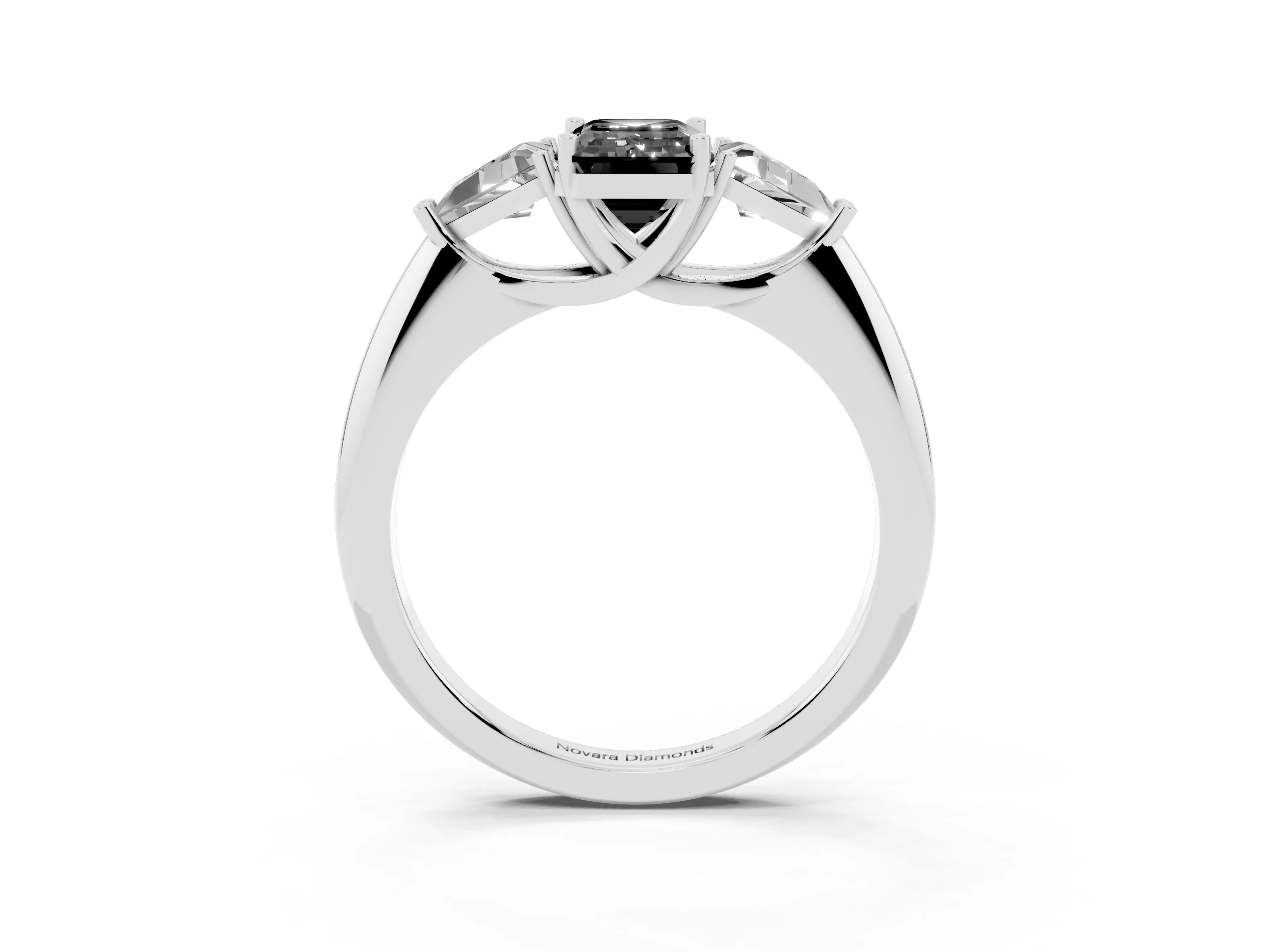 Fancy Black Emerald Cut Diamond Three-Stone Engagement Ring Set in Platinum with Trillion Side Stones