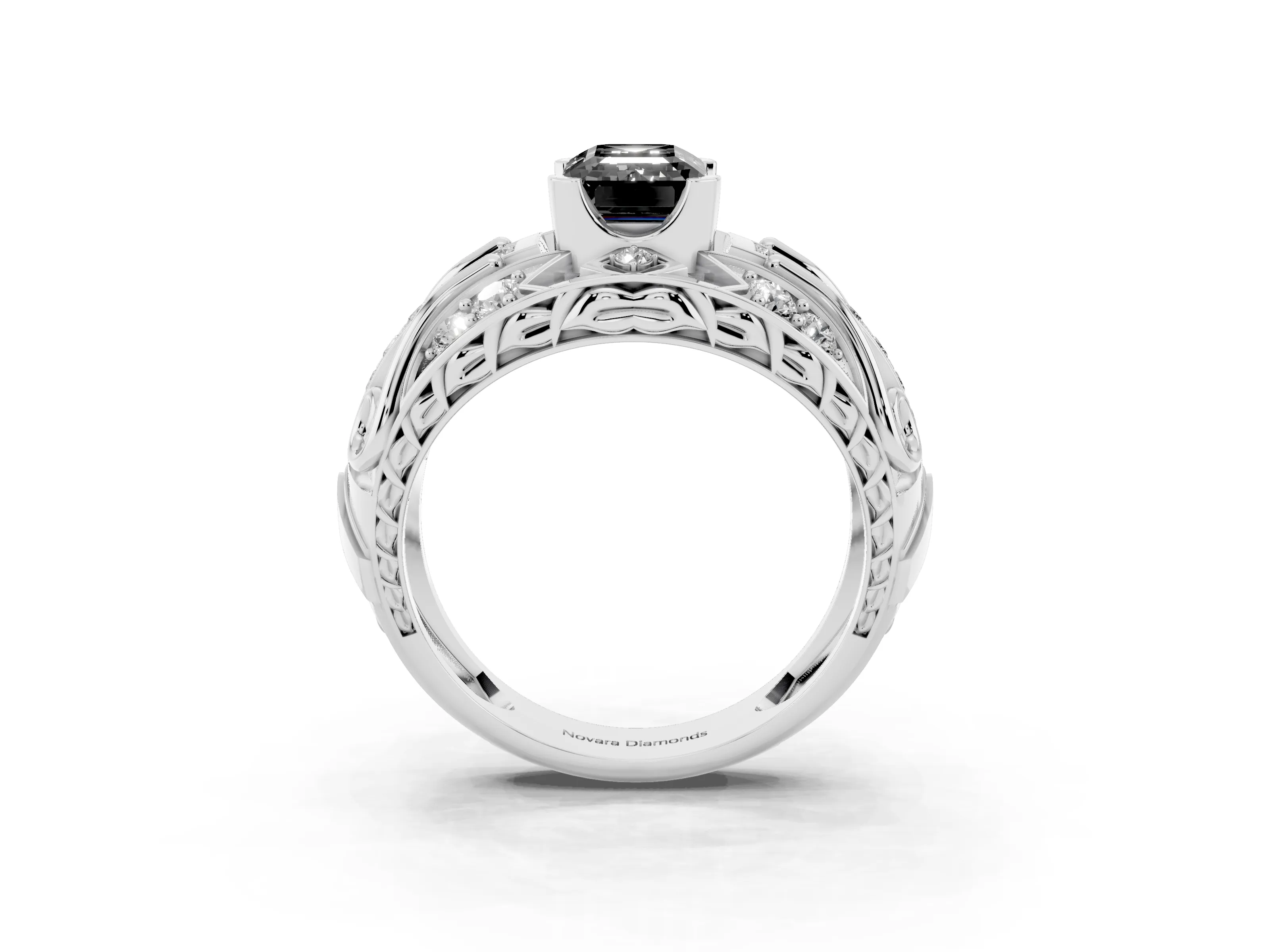 Fancy Black Emerald Cut Diamond Art Deco Ring Set in Silver with Pavé Split Shank