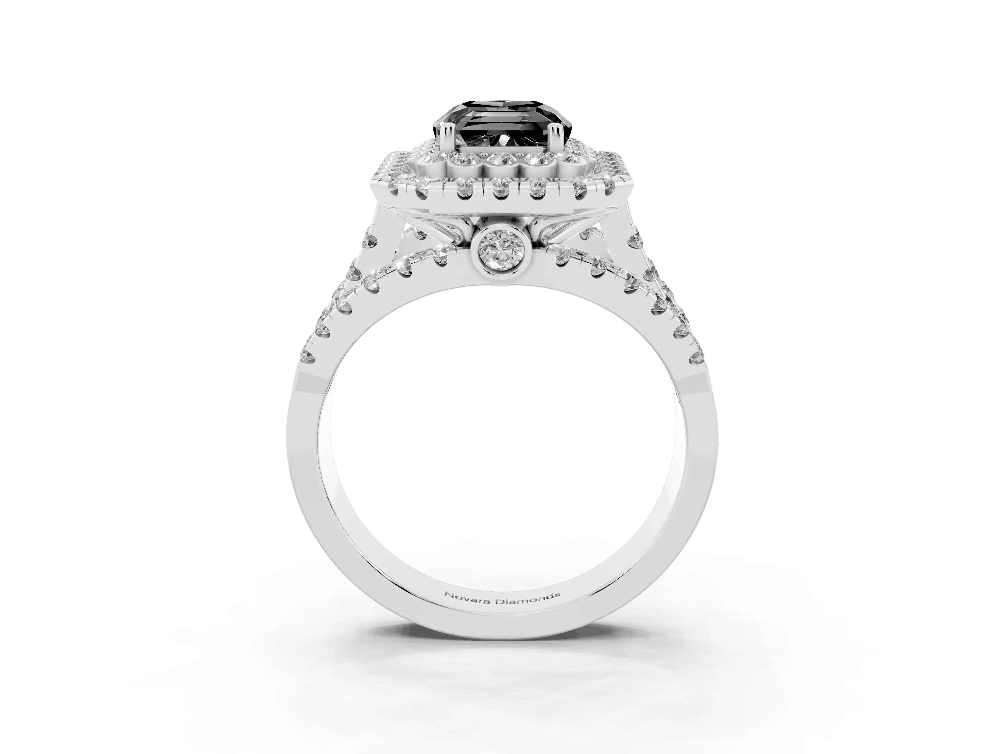 Fancy Black Emerald Cut Diamond Double Halo Ring Set in Silver with Round Pavé Split Shank