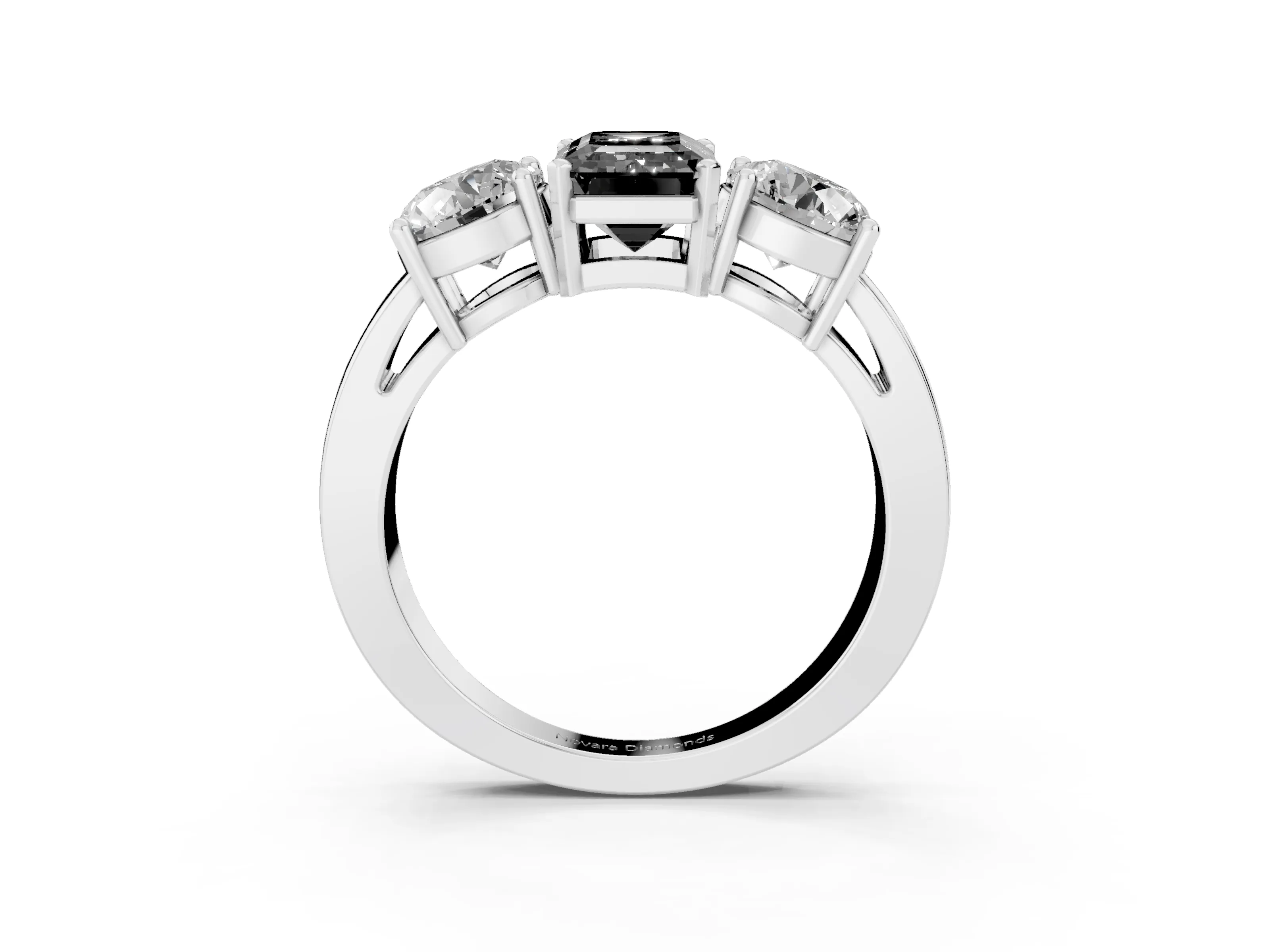 Fancy Black Emerald Cut Diamond Three-Stone Ring Set in Platinum with Round Side Stones and Classic Band