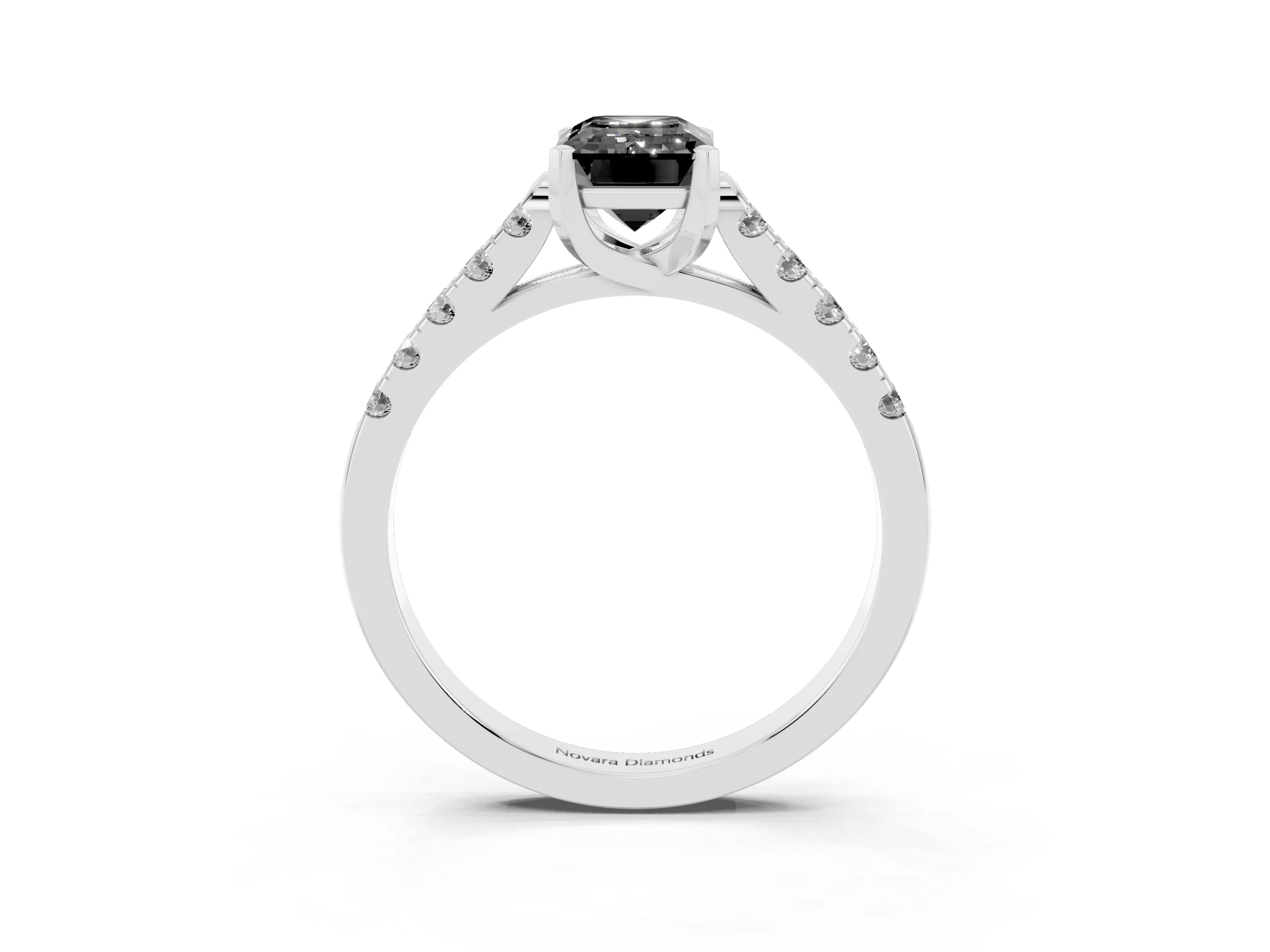 Fancy Black Emerald Cut Diamond Pavé Band Solitaire Ring Set in Platinum with Partway Accent Stones and Prong Setting