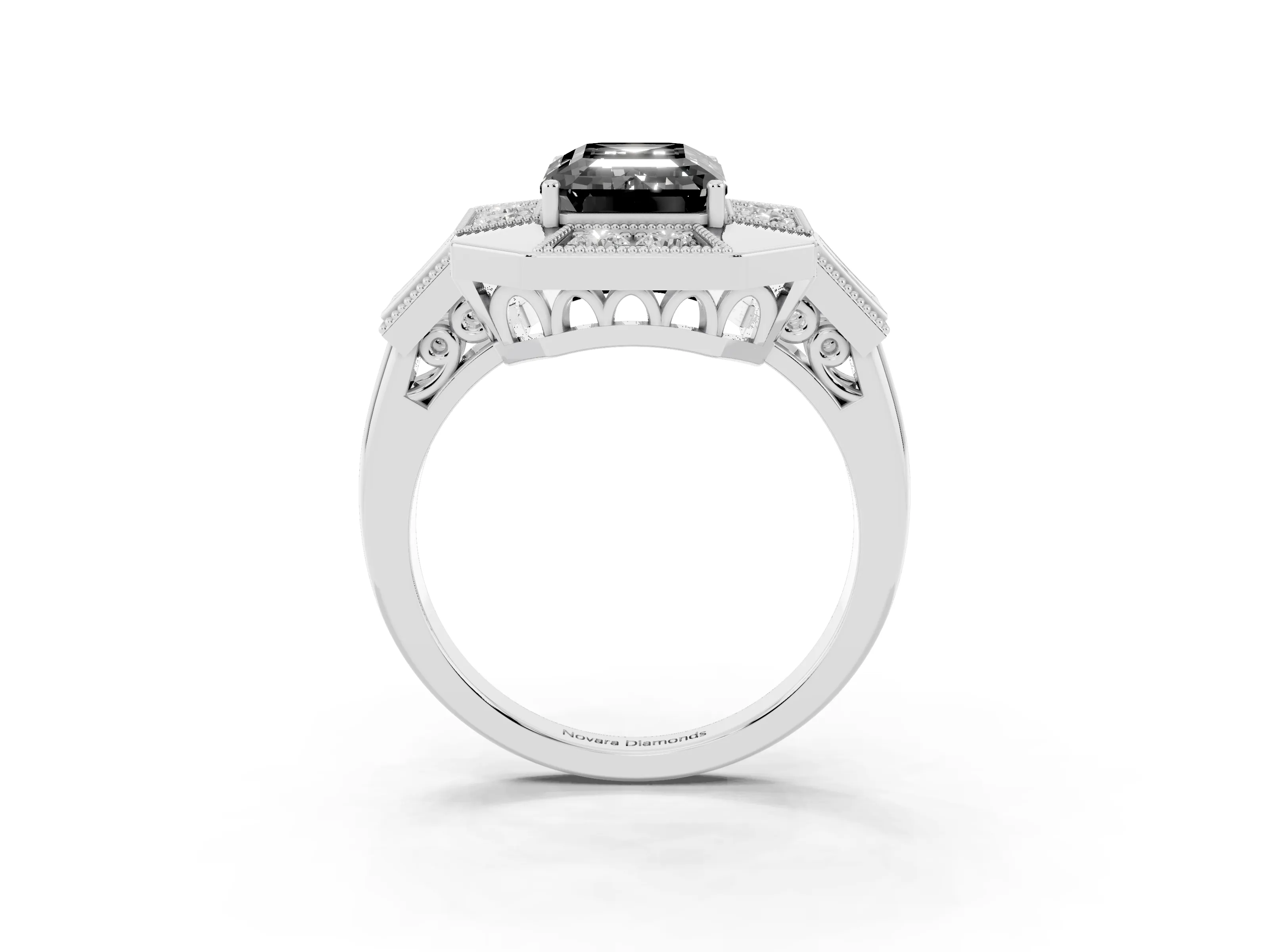 Fancy Black Emerald Cut Diamond Milgrain Halo Ring Set in Silver with Split Shank