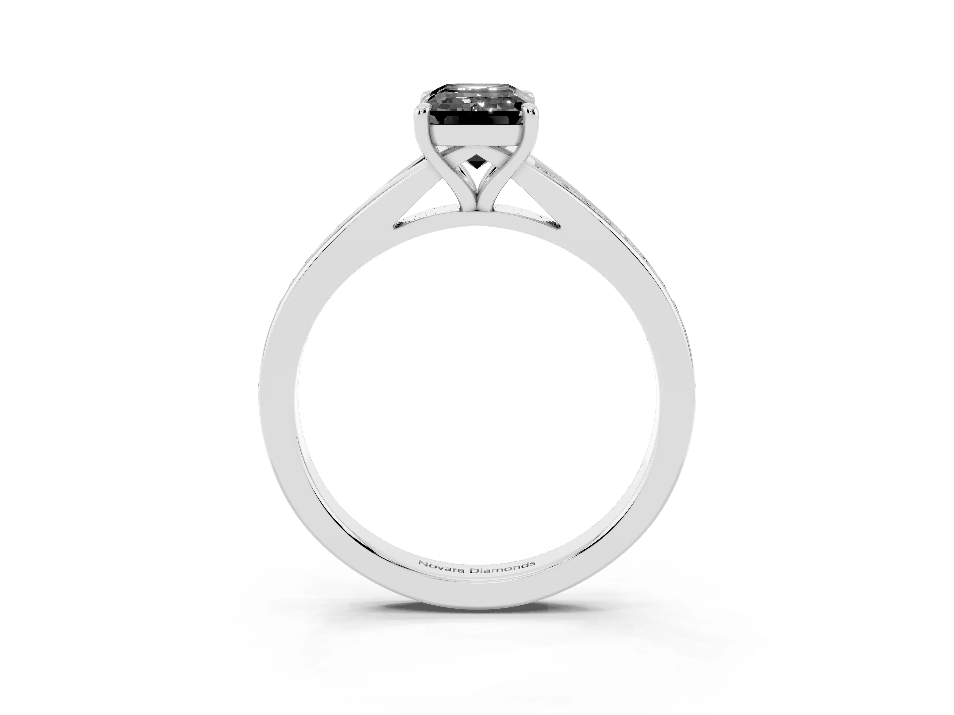 Fancy Black Emerald Cut Diamond Solitaire Ring Set in Platinum with Pavé Accent Band and Classic Prong Setting