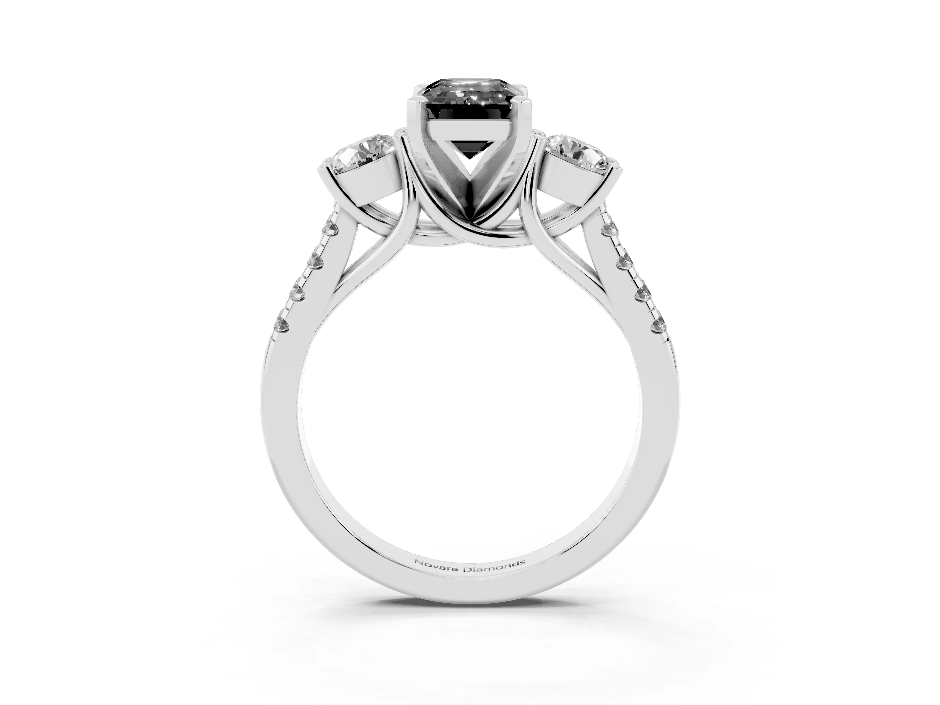 Fancy Black Three-Stone Emerald Cut Diamond Pavé Band Ring Set in Platinum with Prong-Set Trio