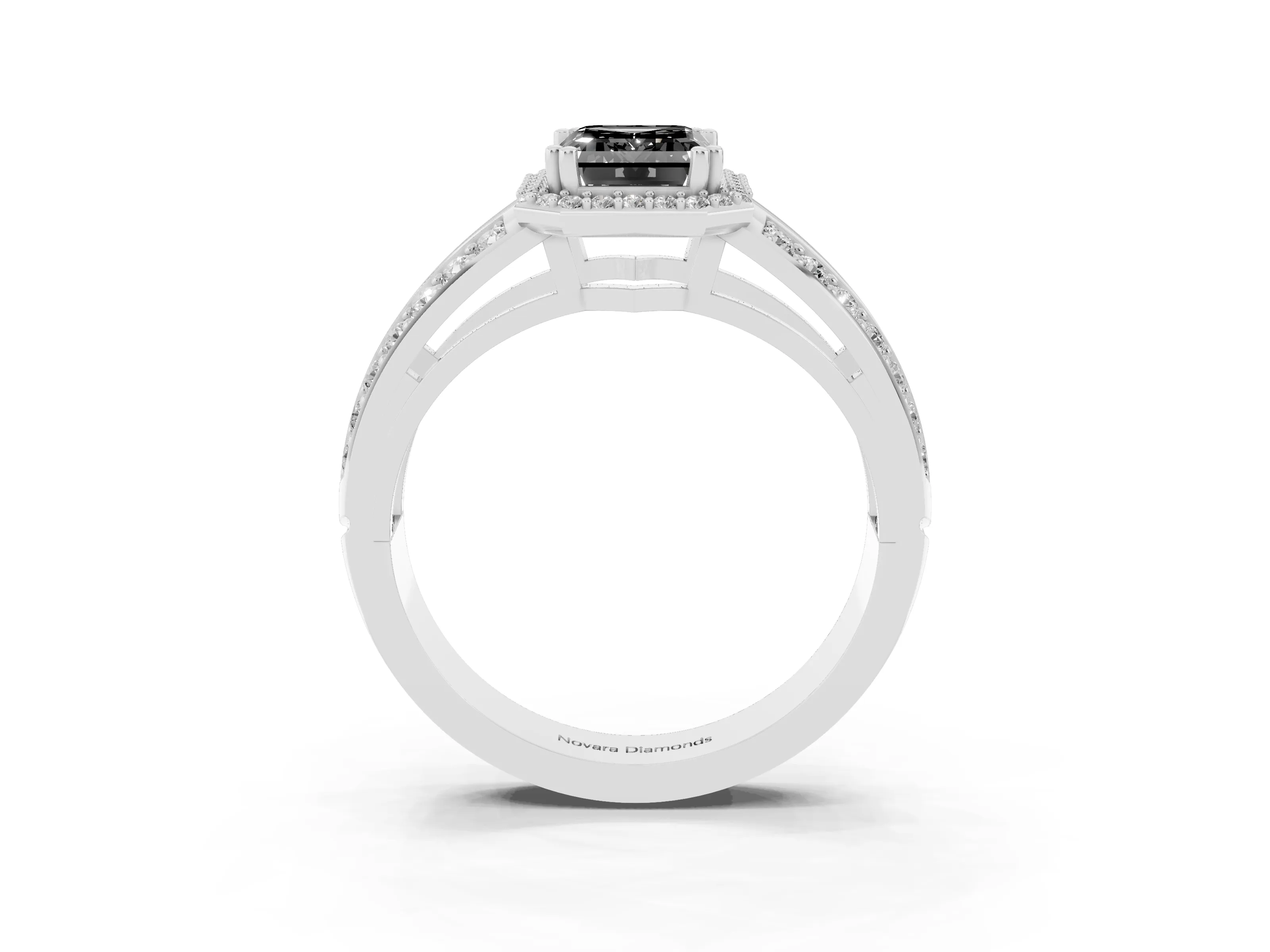 Fancy Black Emerald Cut Diamond Halo Ring Set in White gold with Double Pavé Split Shank