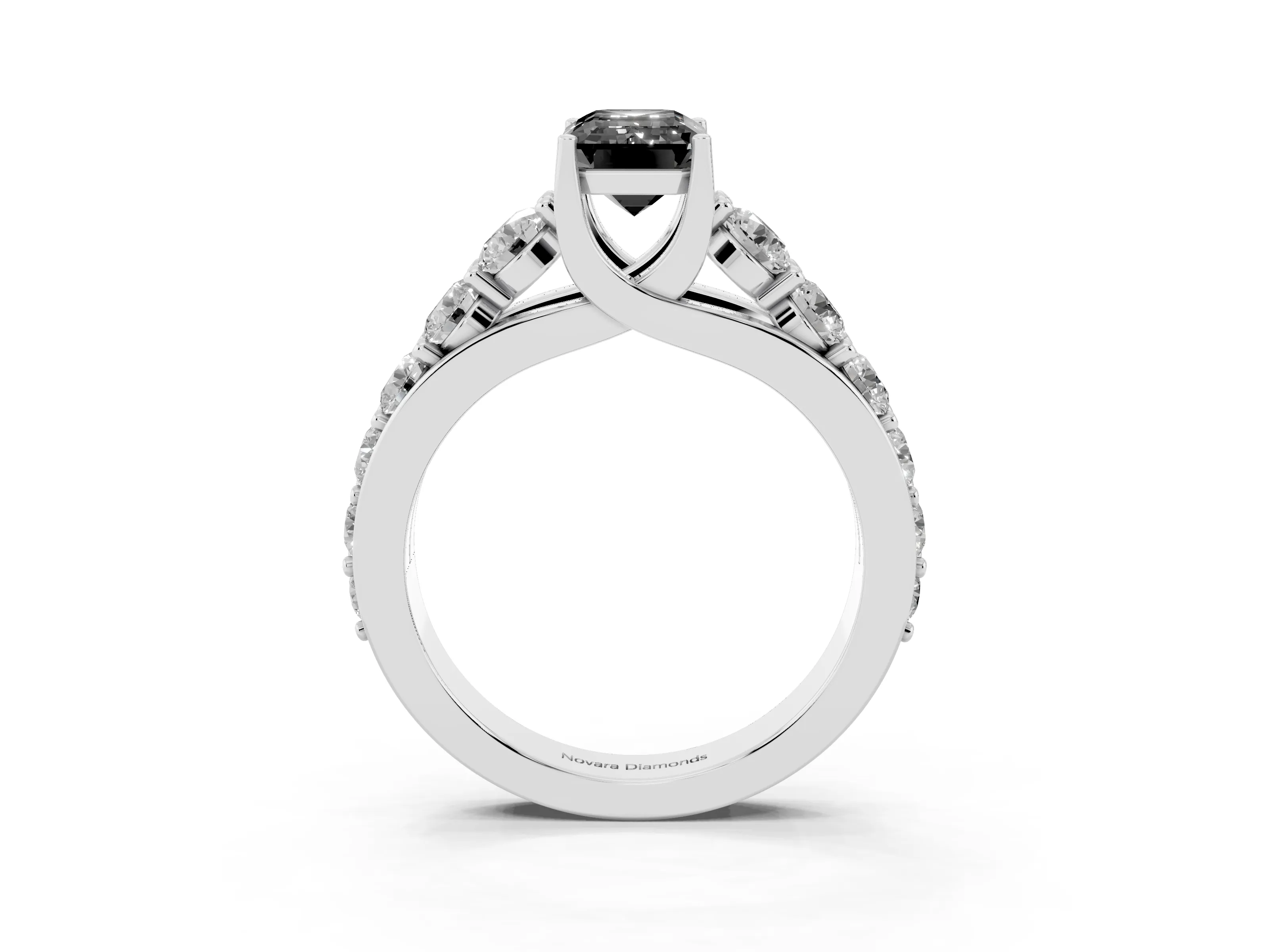 Fancy Black Emerald Cut Diamond Pavé Engagement Ring Set in White gold with Prong Setting