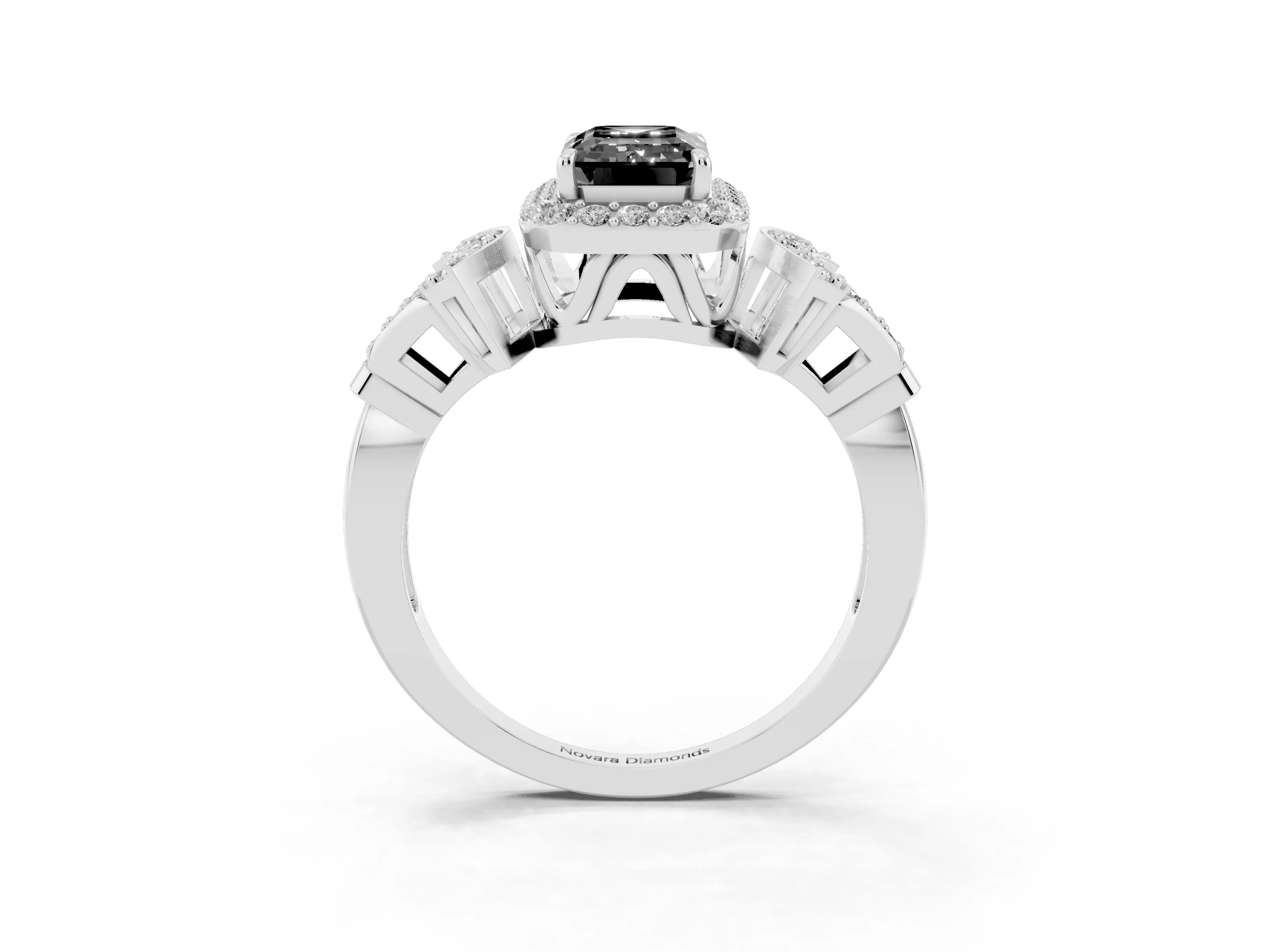 Fancy Black Emerald Cut Diamond Halo Engagement Ring Set in Silver with Accent Stone Split Shank