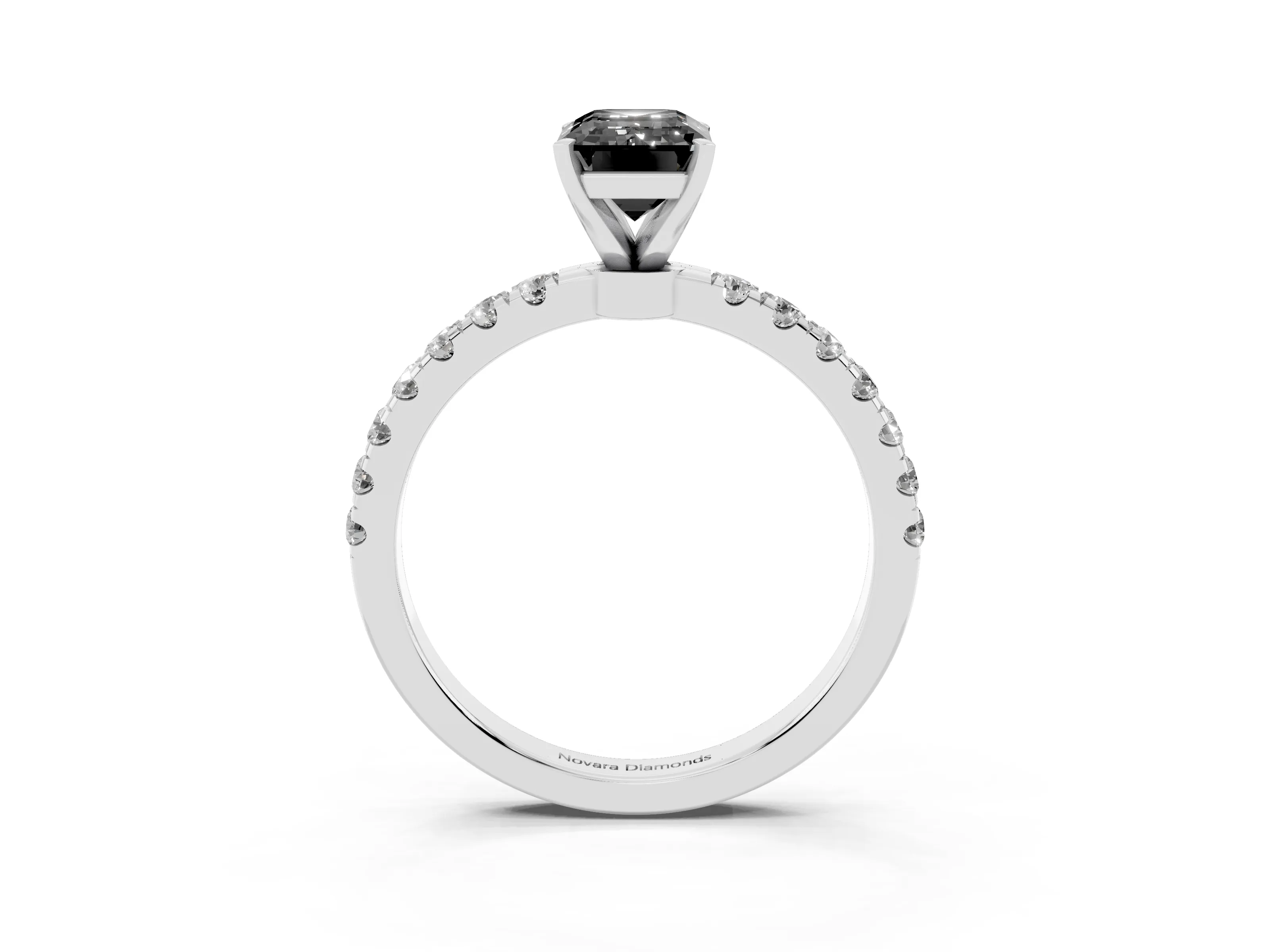 Fancy Black Emerald Cut Diamond Solitaire Ring Set in Platinum with Pavé Accents and Prong Setting