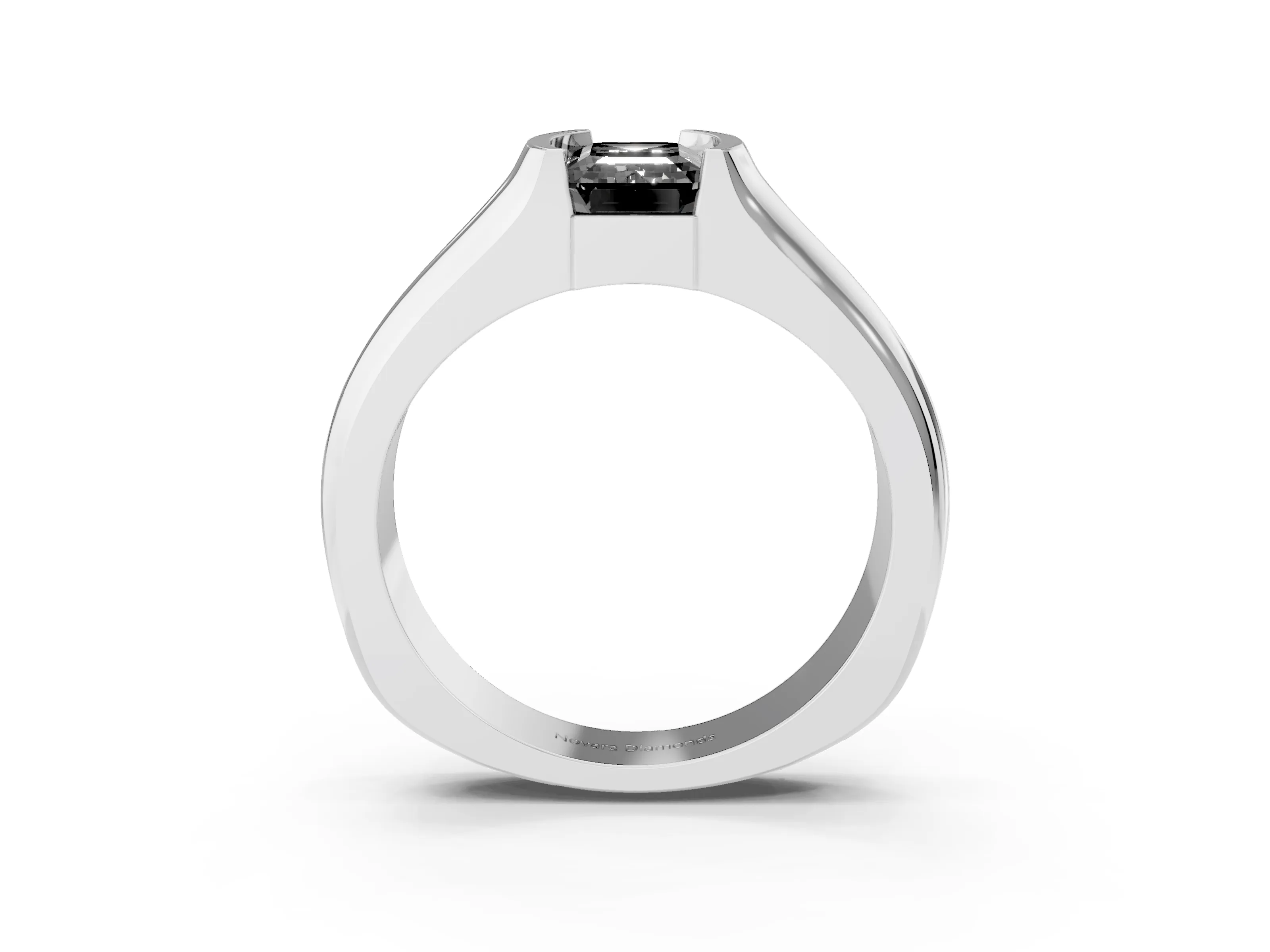 Fancy Black Emerald Cut Diamond Bezel Solitaire Ring Set in Silver with Wide Band