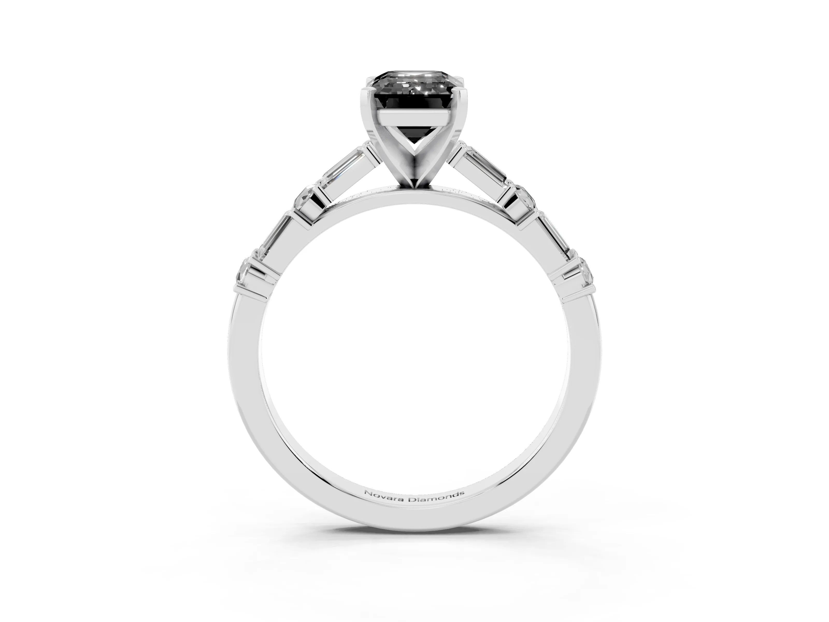 Fancy Black Emerald Cut Diamond Solitaire Set in Silver with Side Baguettes and Channel Set Band