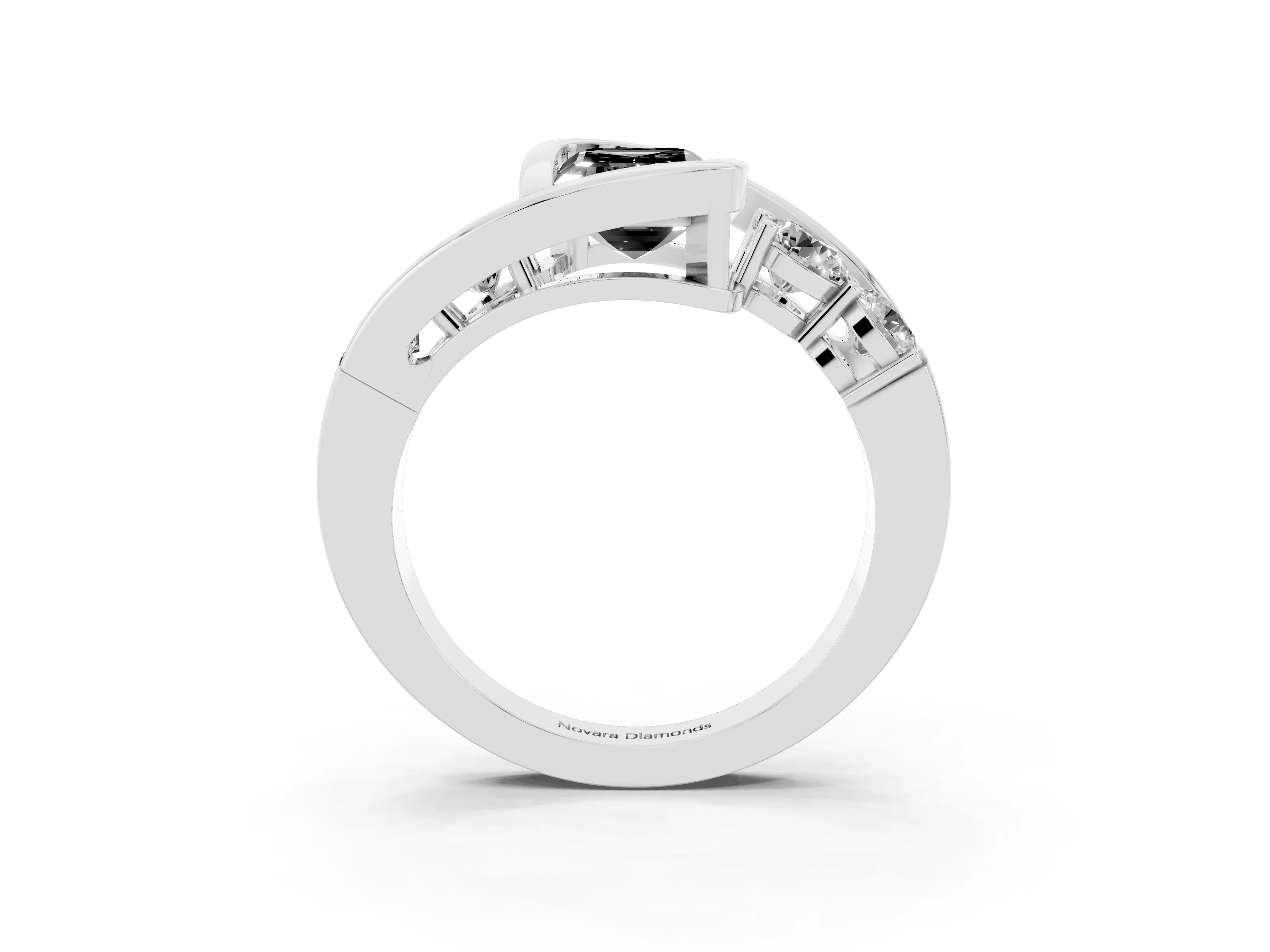Fancy Black Emerald Cut Diamond Bezel Bypass Ring Set in Silver with Round Accents
