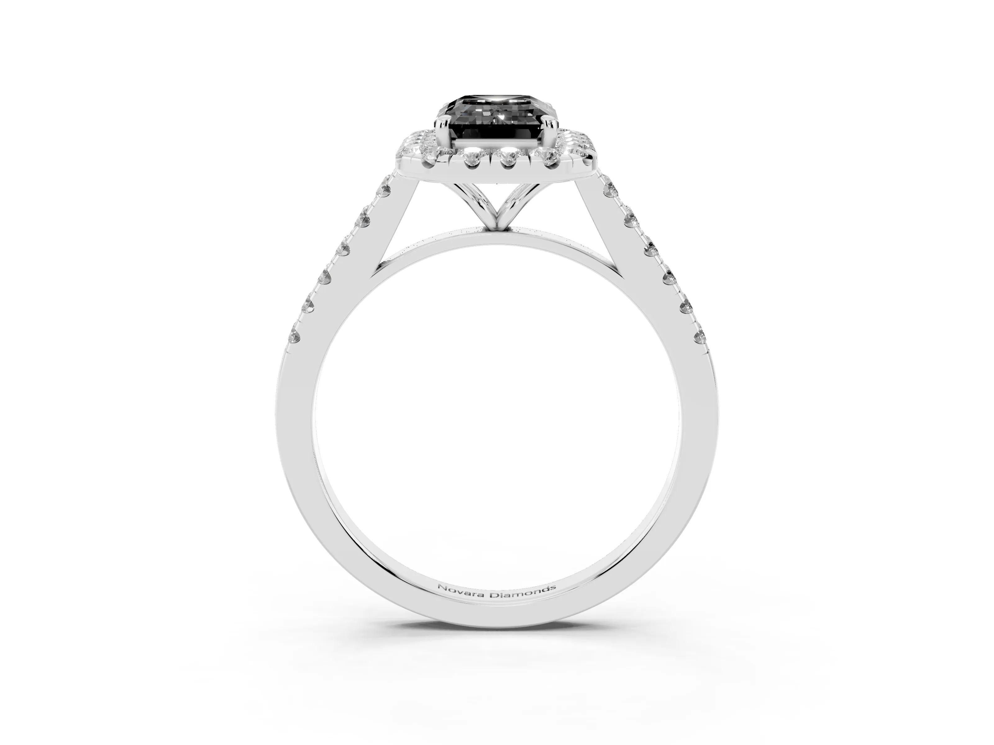 Fancy Black Emerald Cut Diamond Halo Pavé Engagement Ring Set in Platinum with Prong Setting