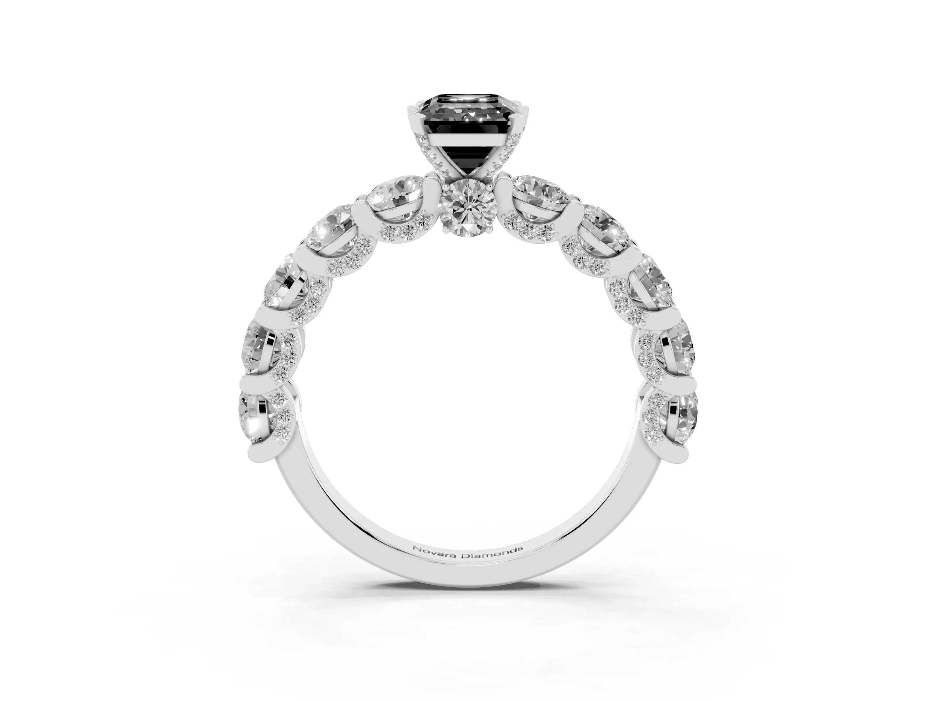 Fancy Black Emerald Cut Diamond Side Stone Ring Set in Silver with Alternating Round and Oval Side Stones