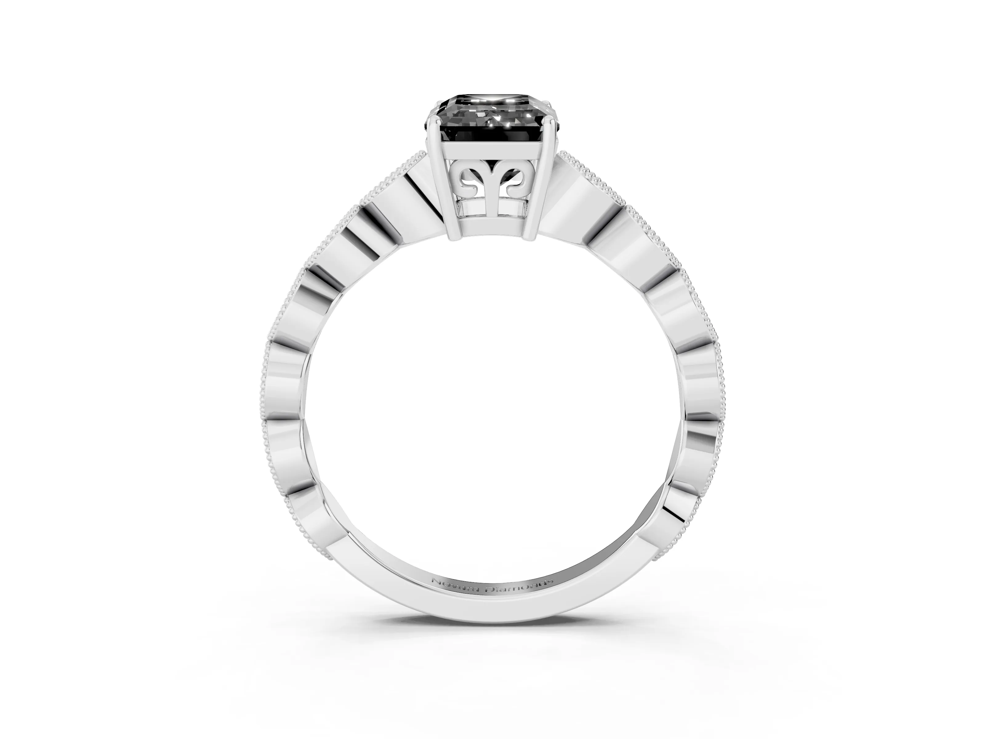 Fancy Black Emerald Cut Diamond Solitaire Ring Set in Silver with Infinity Twist Pavé Band