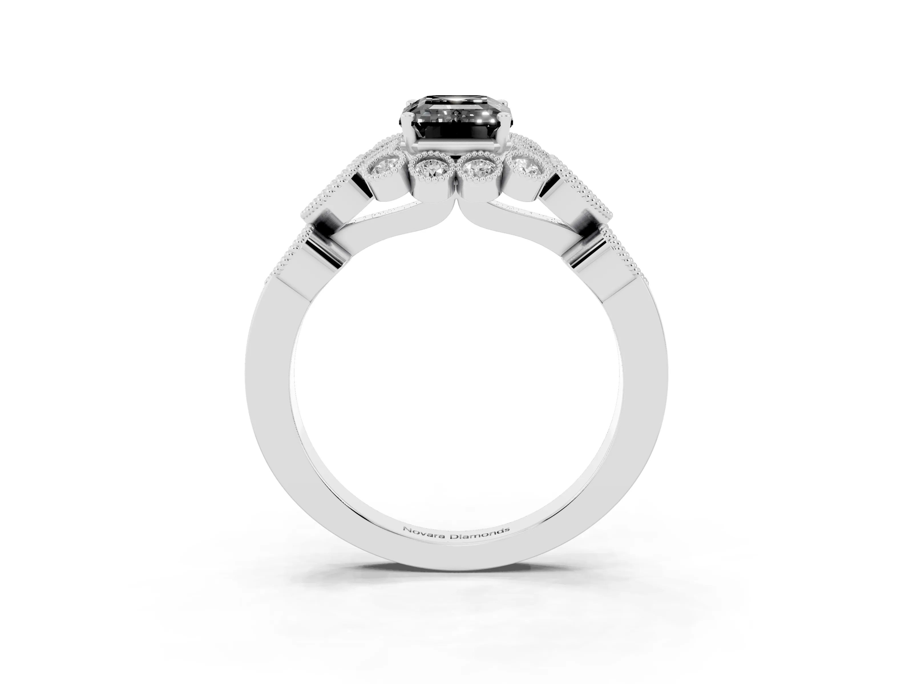 Fancy Black Emerald Cut Diamond Solitaire Ring Set in White gold with Milgrain Pavé Heart Band