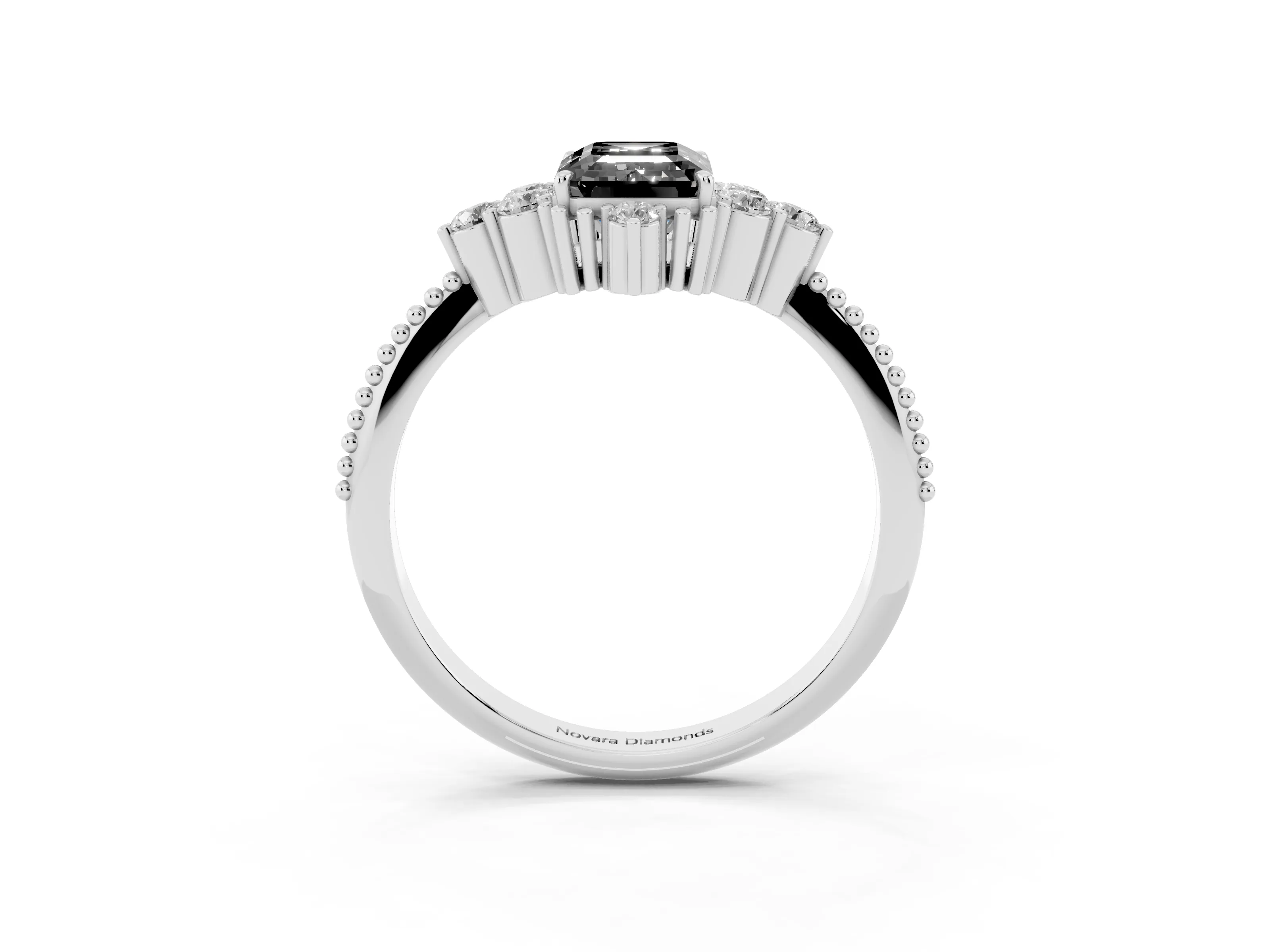 Fancy Black Emerald Cut Diamond Cluster Ring Set in Platinum with Beaded Band