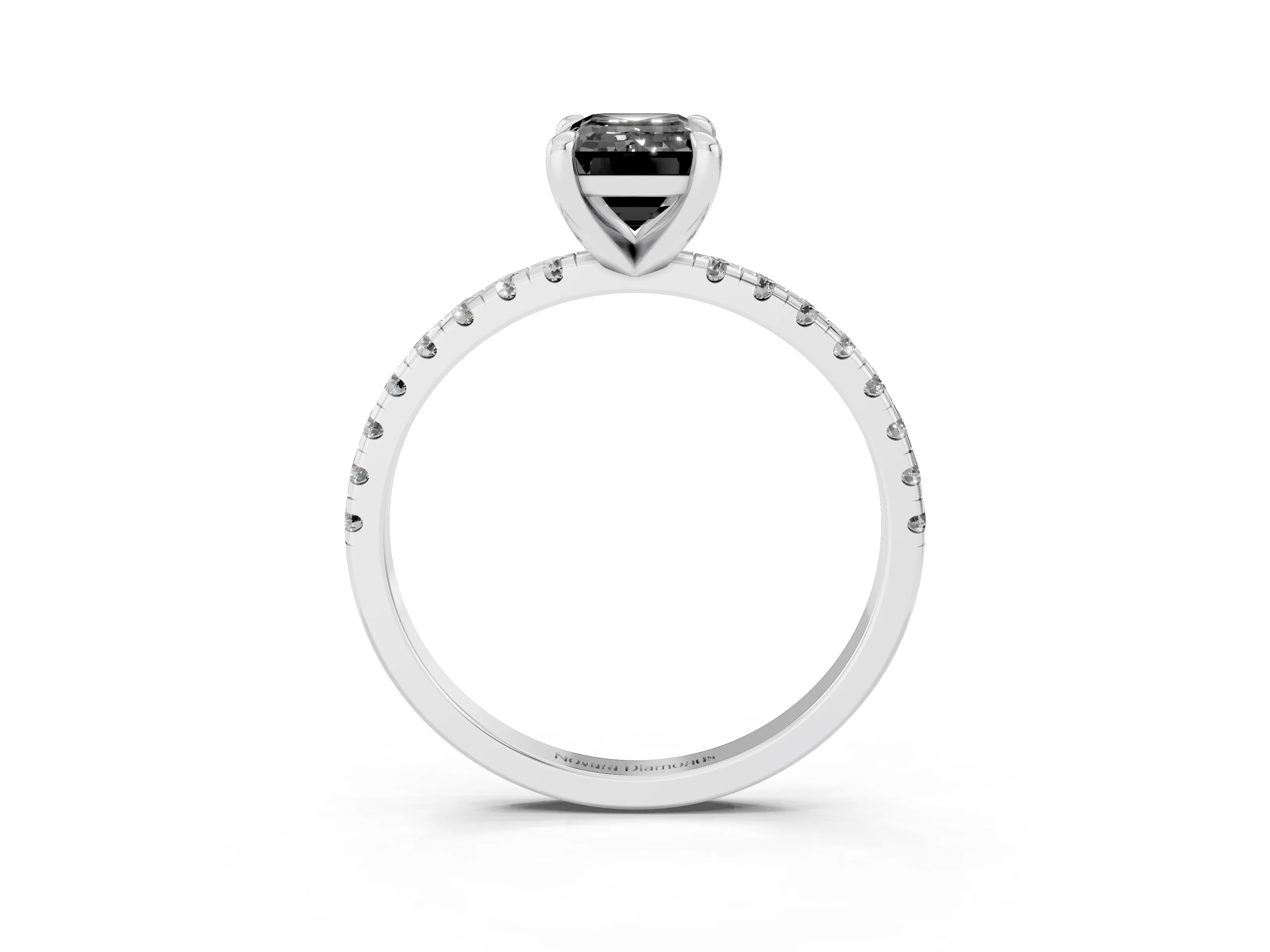 Fancy Black Emerald Cut Diamond Brilliant Solitaire Ring Set in White gold with Pavé Band and Prong Setting