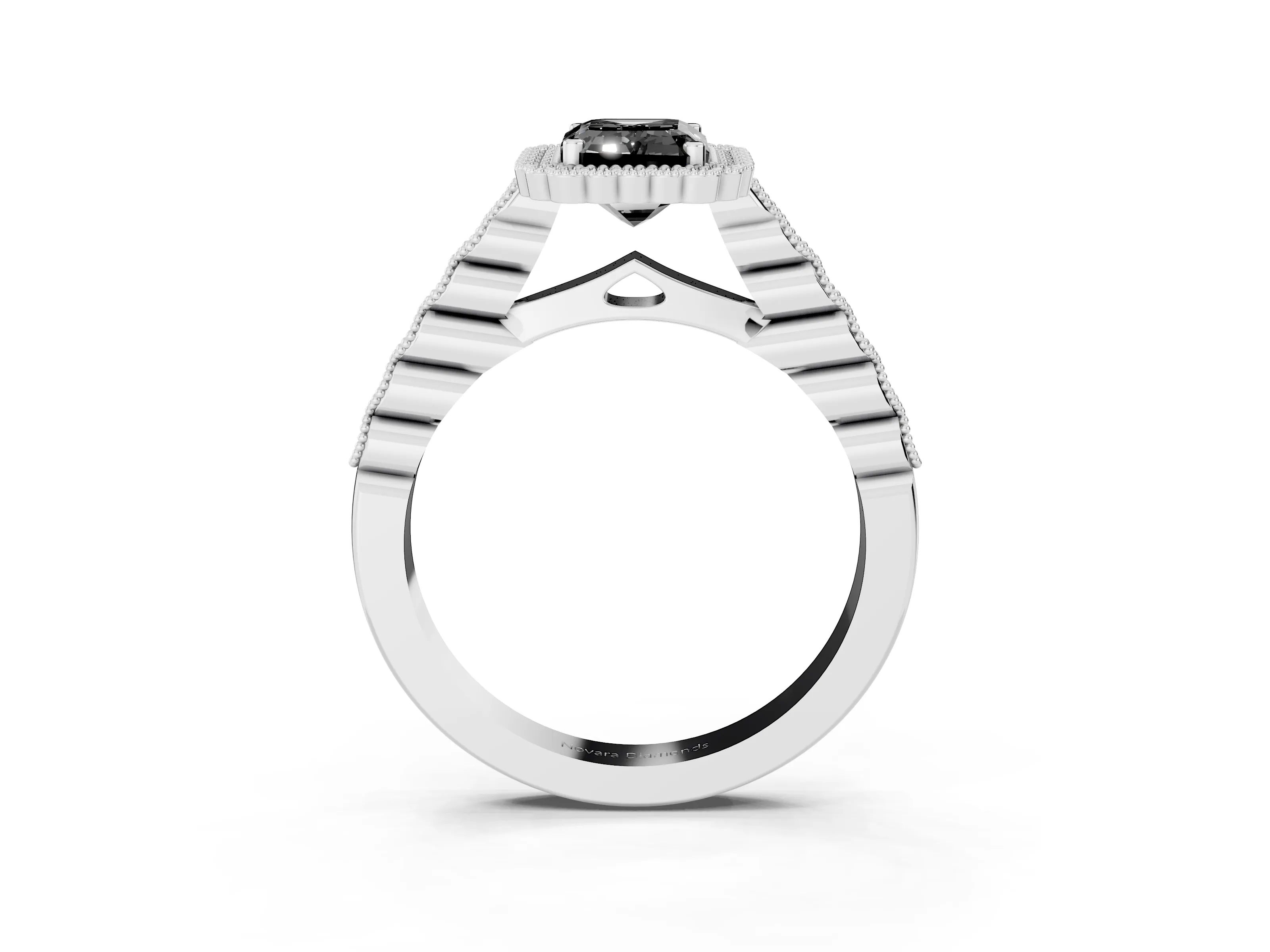 Fancy Black Emerald Cut Diamond Halo Ring Set in White gold with Pavé Milgrain Band