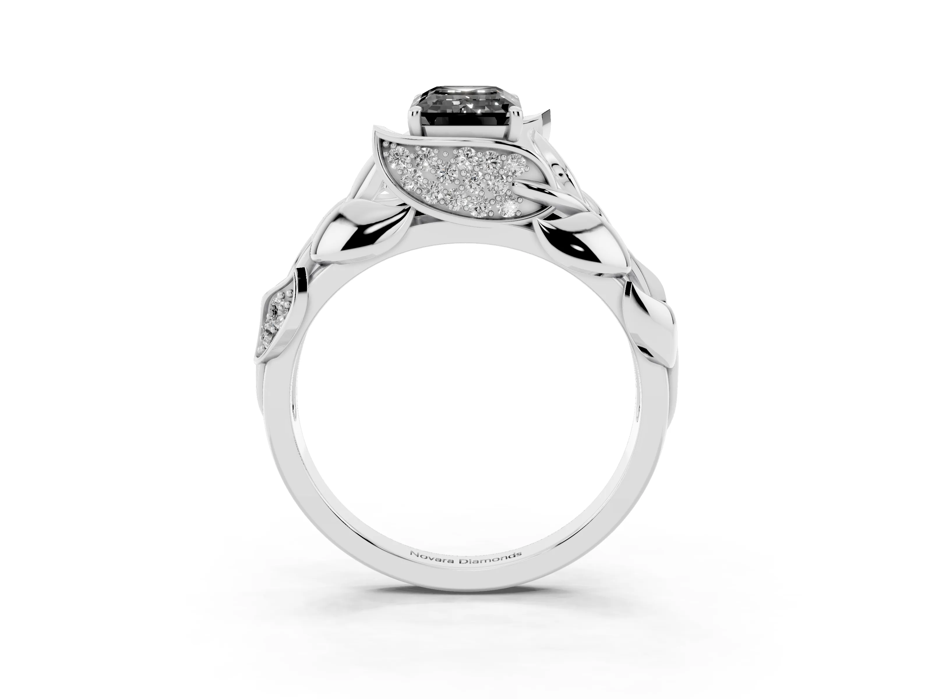 Fancy Black Emerald Cut Diamond Leaf-Inspired Engagement Ring Set in Silver with Round Accents