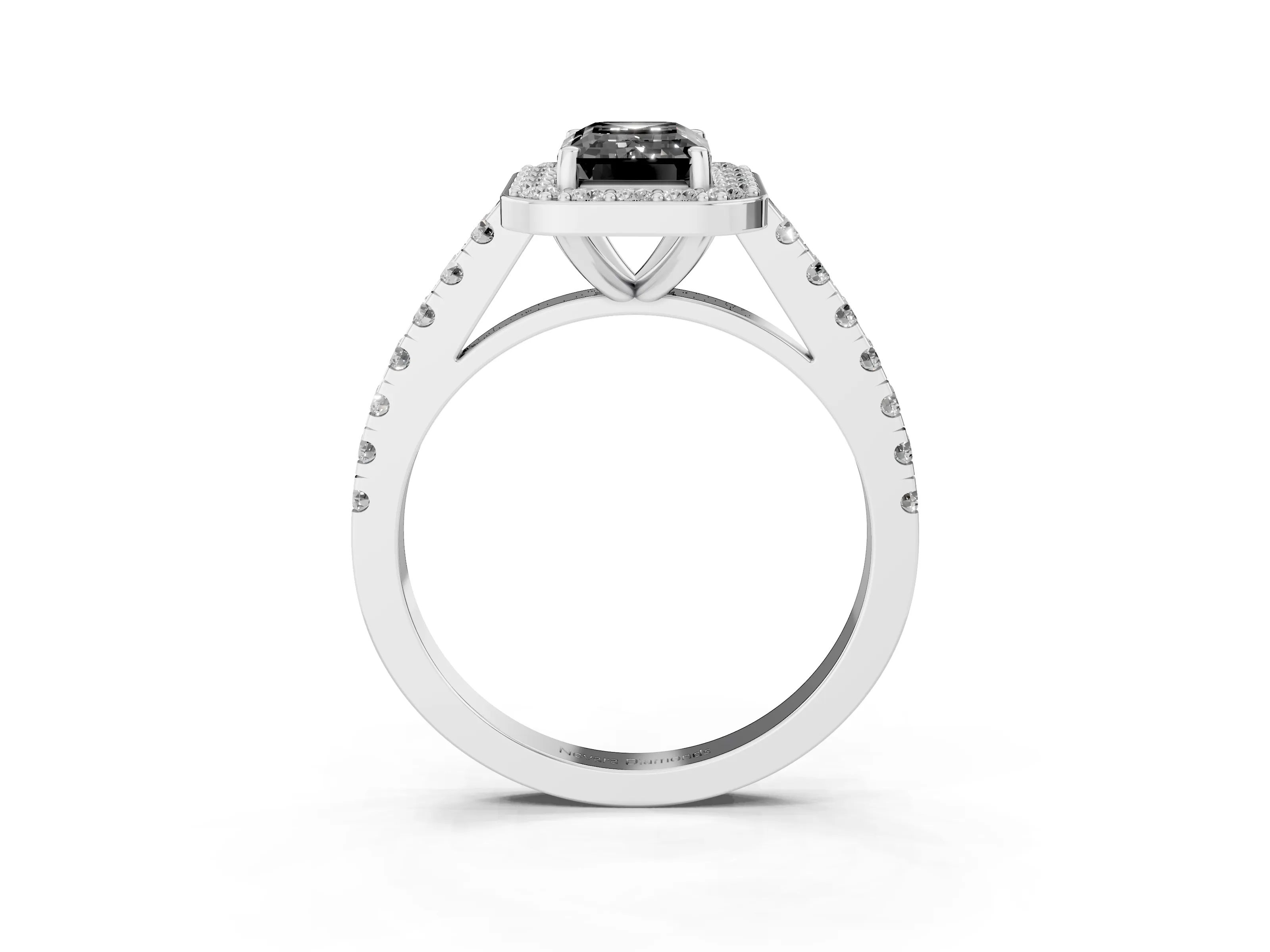Fancy Black Emerald Cut Diamond Halo Ring Set in Silver with Round Pavé Split Shank and Prong Setting