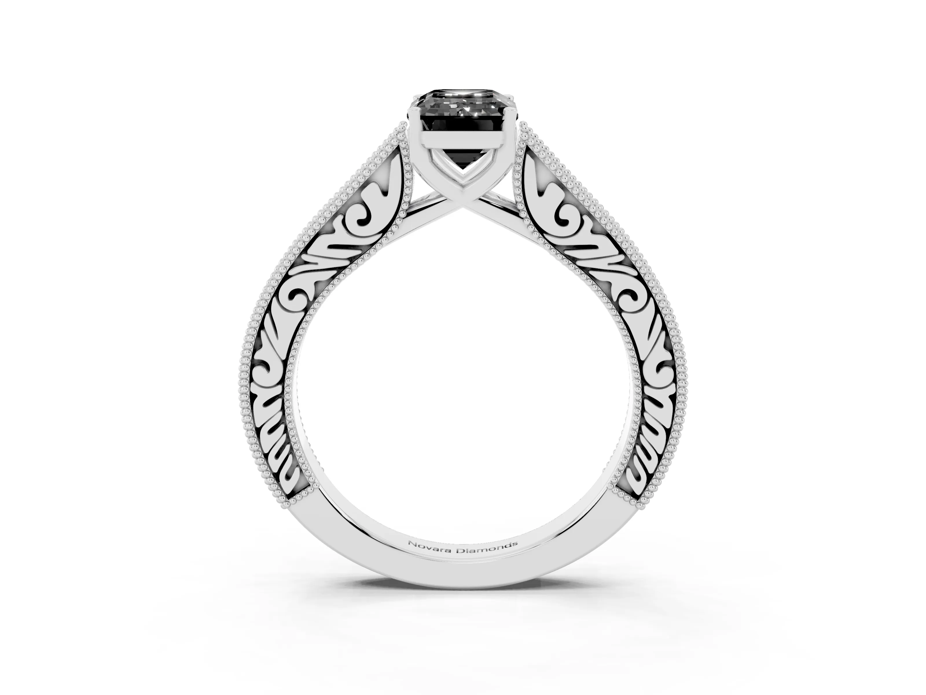 Fancy Black Emerald Cut Diamond Milgrain Pavé Band Solitaire Ring Set in Platinum with Prong Setting