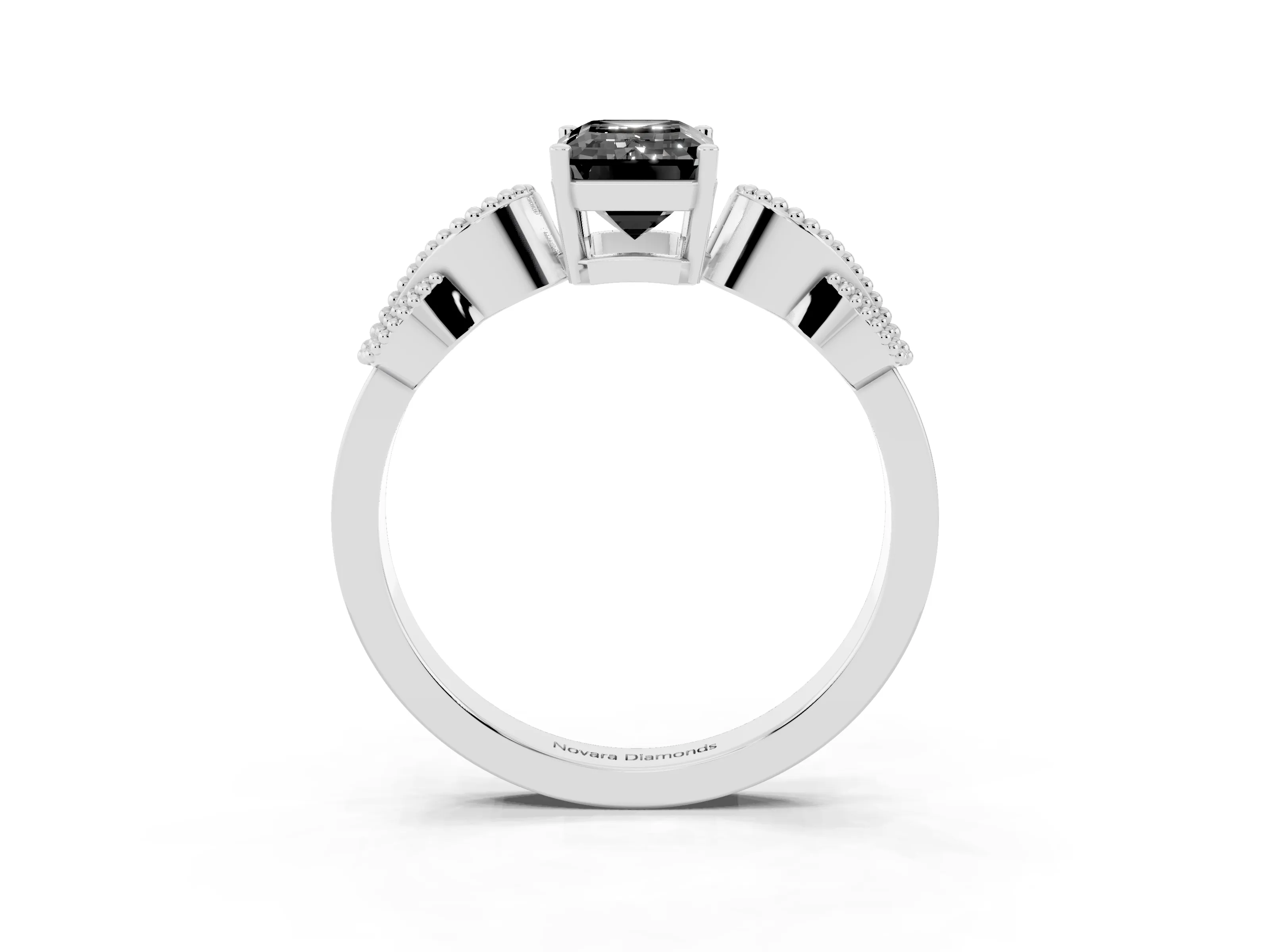 Fancy Black Emerald Cut Diamond Milgrain Leaf Band Solitaire Ring Set in Silver with Accent Stones and Prong Setting