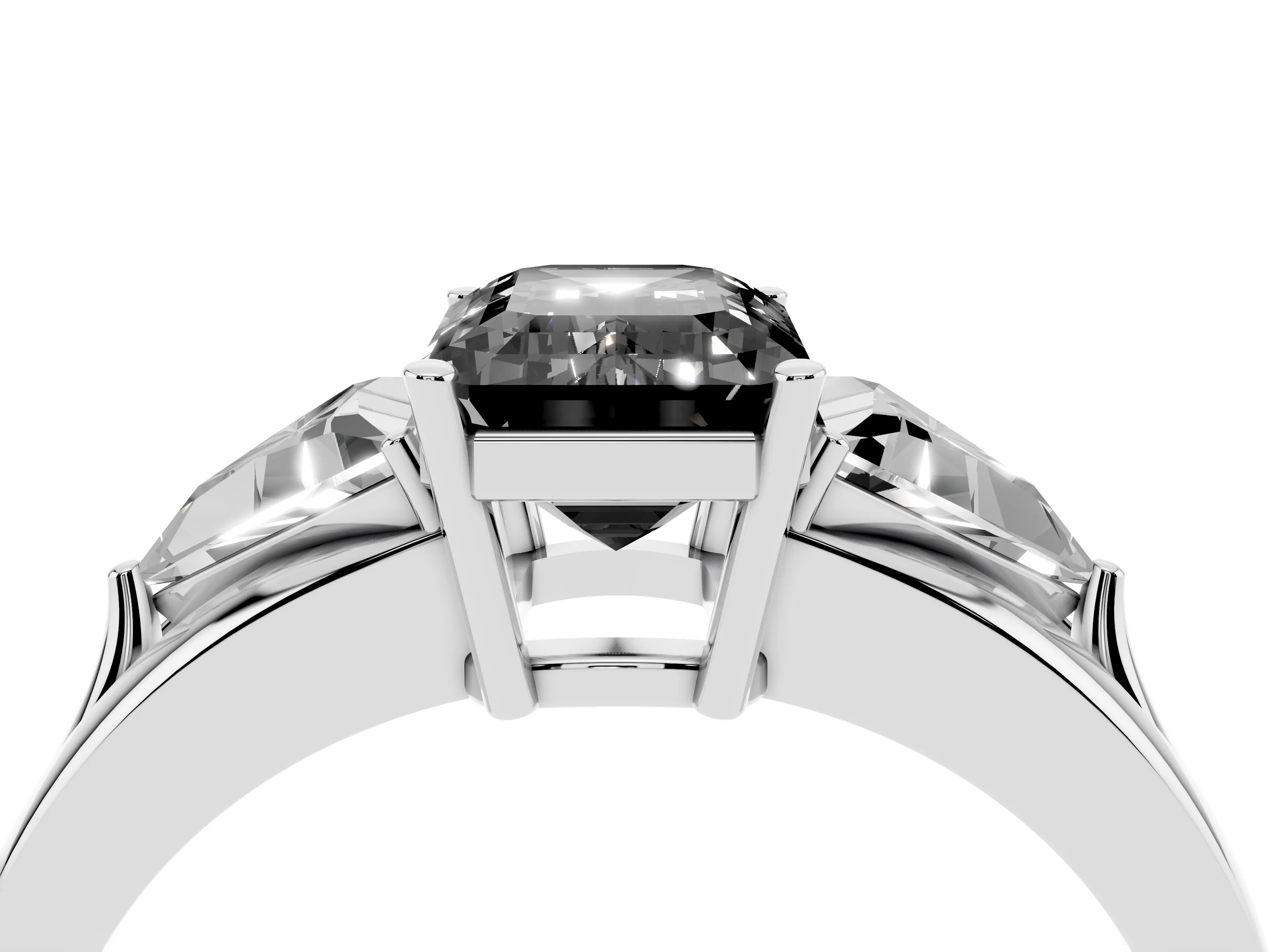 Fancy Black Emerald Cut Diamond Three-Stone Ring Set in Silver with Trillion Side Stones and Split Shank