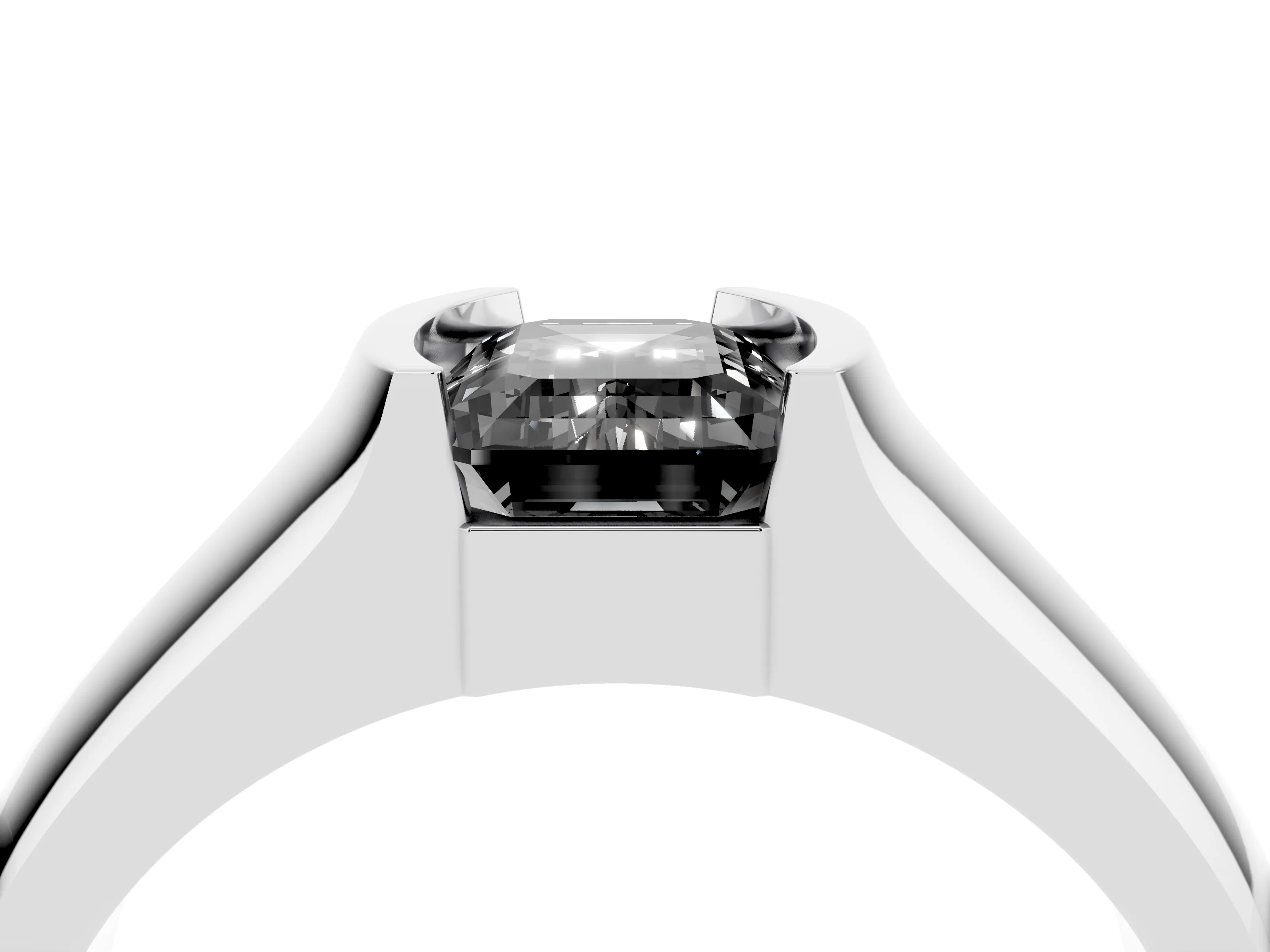 Fancy Black Emerald Cut Diamond Bezel Solitaire Ring Set in Silver with Wide Band
