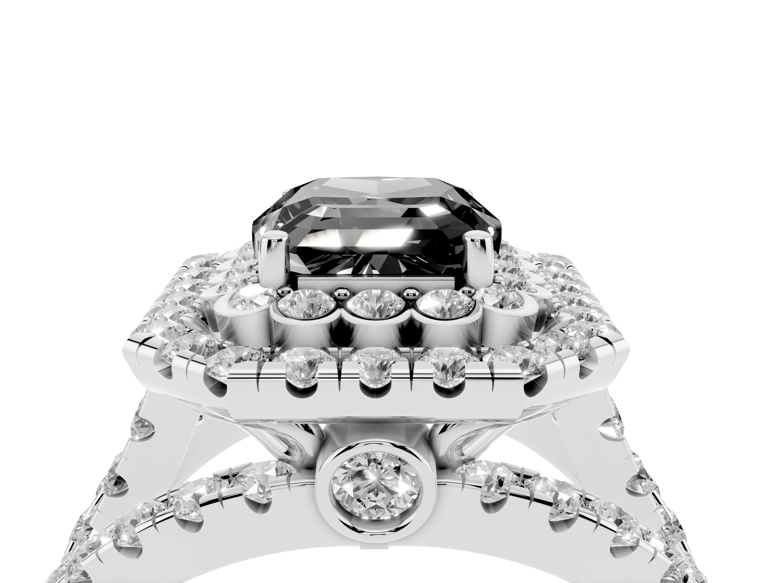 Fancy Black Emerald Cut Diamond Double Halo Ring Set in Silver with Round Pavé Split Shank
